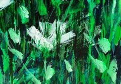 Exuberance.  Green and leafy landscape. Modern acrylic figurative painting.