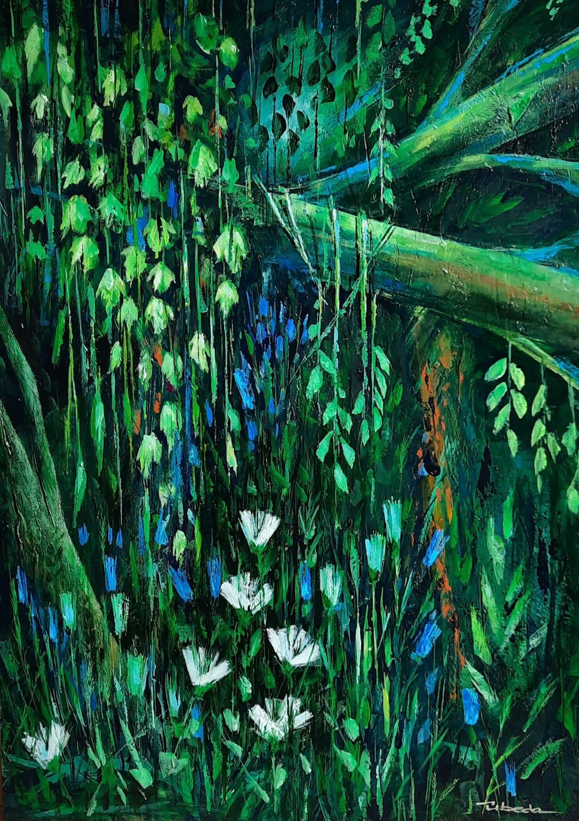 Exuberance.  Green and leafy landscape. Modern acrylic figurative painting.