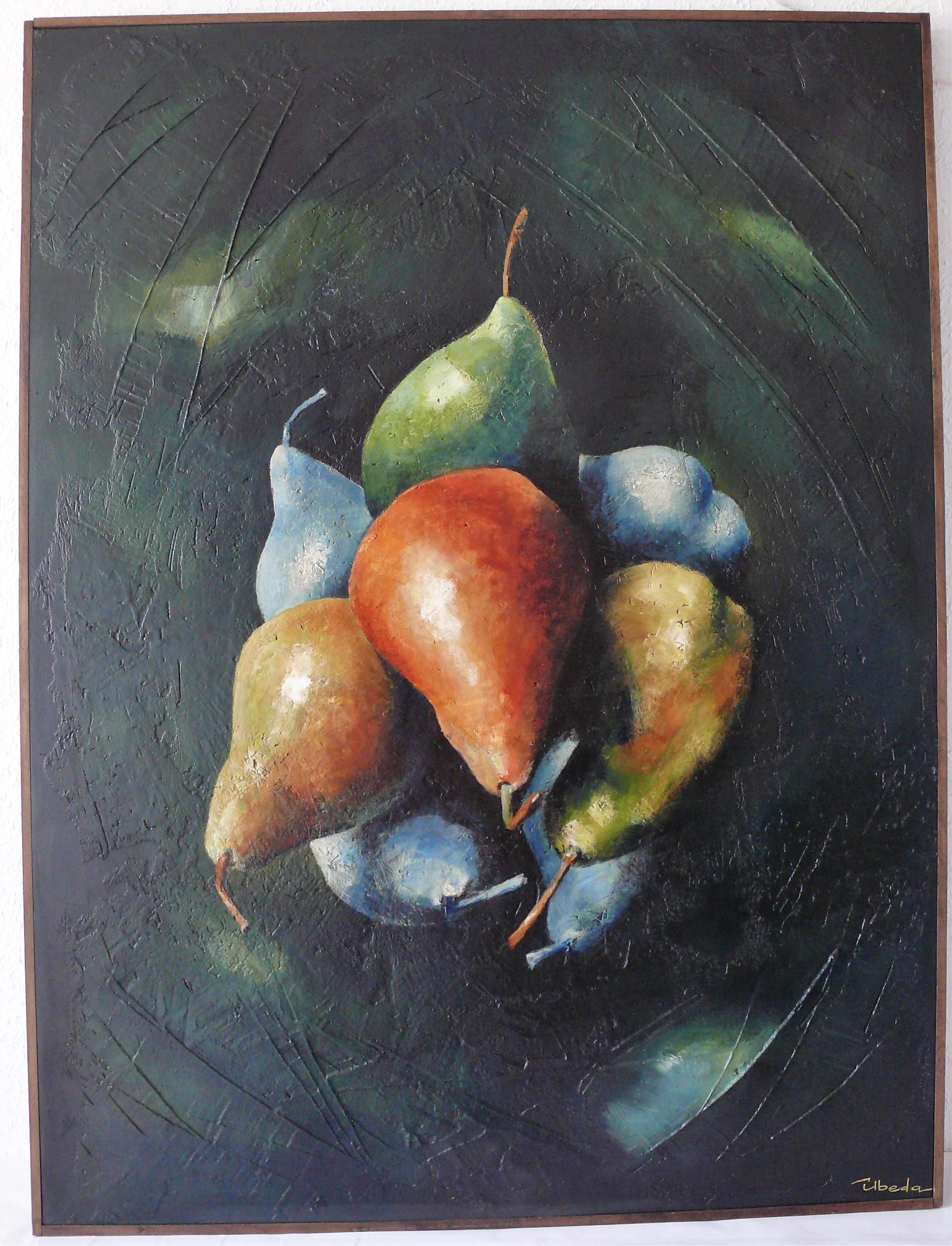 Frucht-Satellit. Moderne Fantasie. Figürliches Stilleben. Acrylfarbe auf Tafel – Painting von Ángel Luis Úbeda