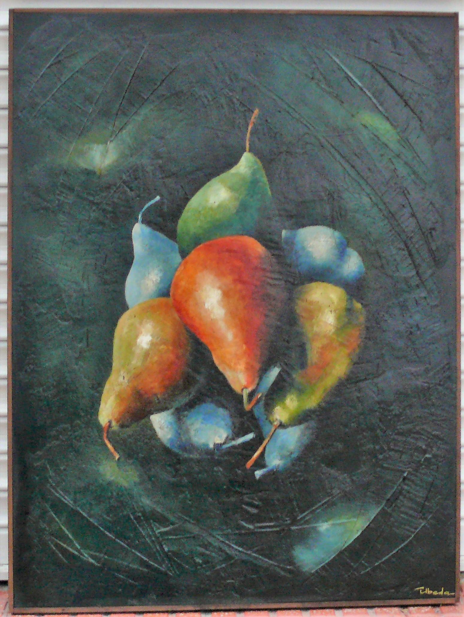 Frucht-Satellit. Moderne Fantasie. Figürliches Stilleben. Acrylfarbe auf Tafel (Schwarz), Still-Life Painting, von Ángel Luis Úbeda