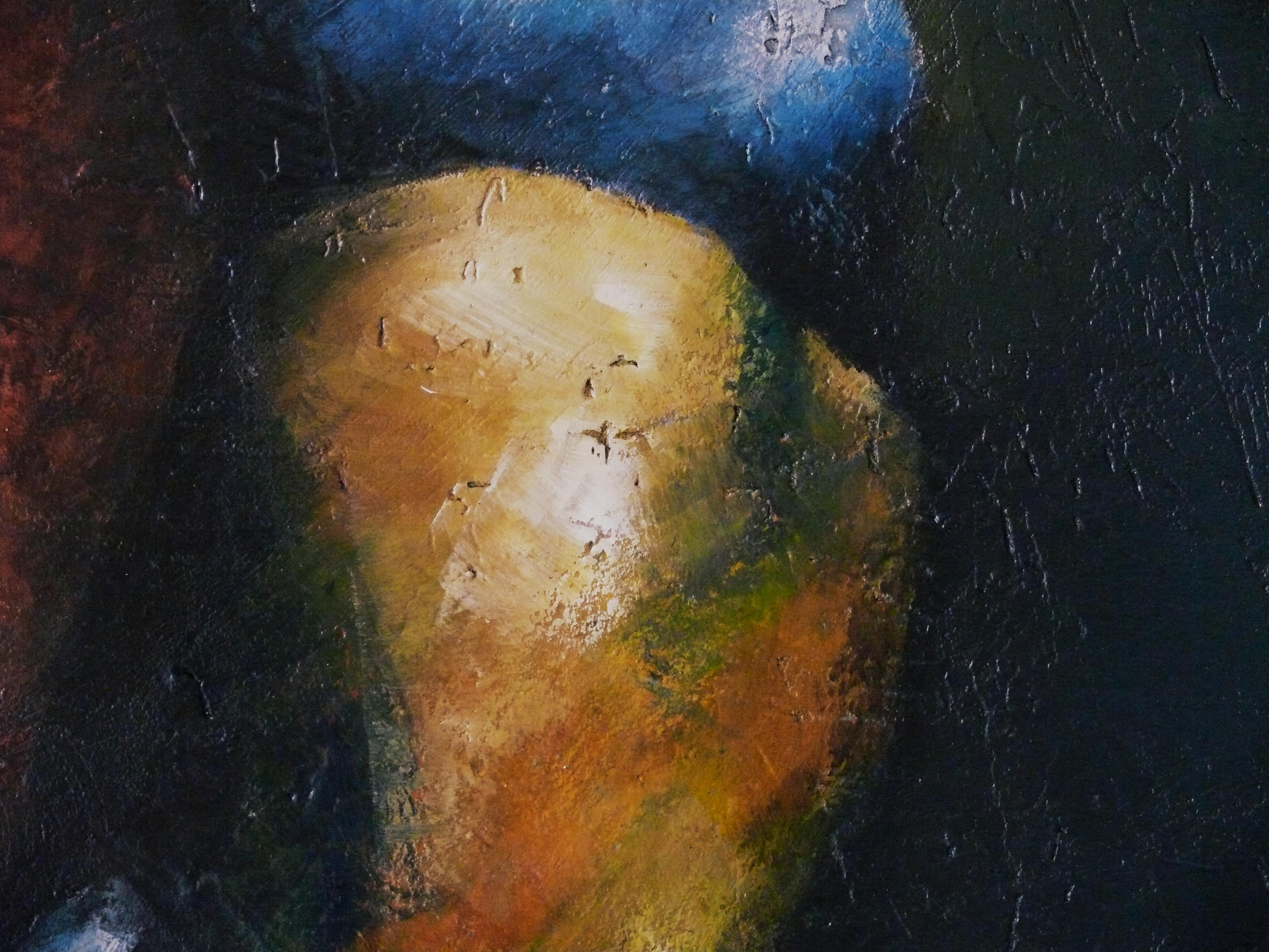 Fruit Satellite. Fantaisie moderne. Nature morte figurative. Peinture acrylique sur panneau - Noir Still-Life Painting par Ángel Luis Úbeda