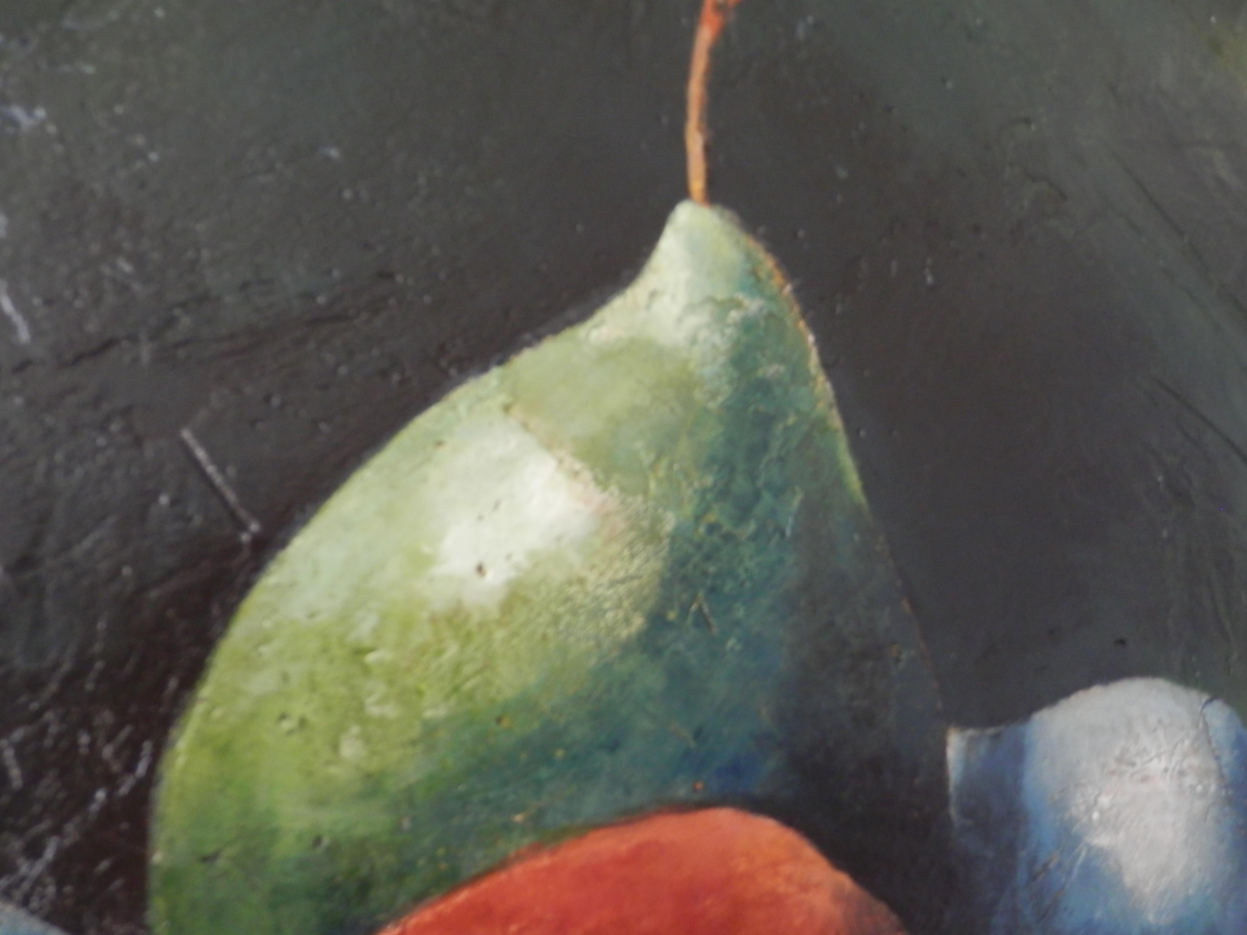 Fruit Satellite. Fantaisie moderne. Nature morte figurative. Peinture acrylique sur panneau en vente 1