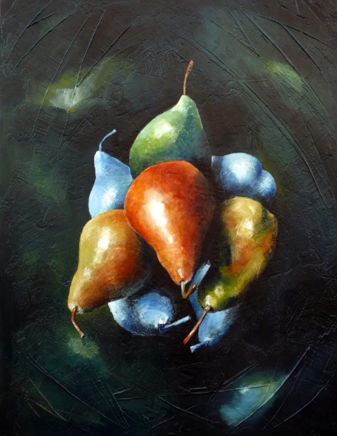 Ángel Luis Úbeda Still-Life Painting – Frucht-Satellit. Moderne Fantasie. Figürliches Stilleben. Acrylfarbe auf Tafel