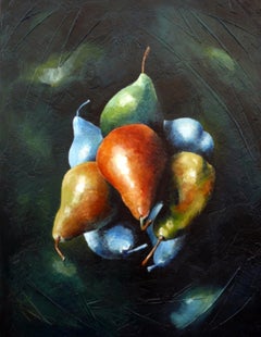 Frutta Satellite. Fantasy moderno. Natura morta figurativa. Pittura acrilica su pannello
