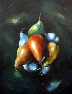 Frucht-Satellit. Moderne Fantasie. Figürliches Stilleben. Acrylfarbe auf Tafel