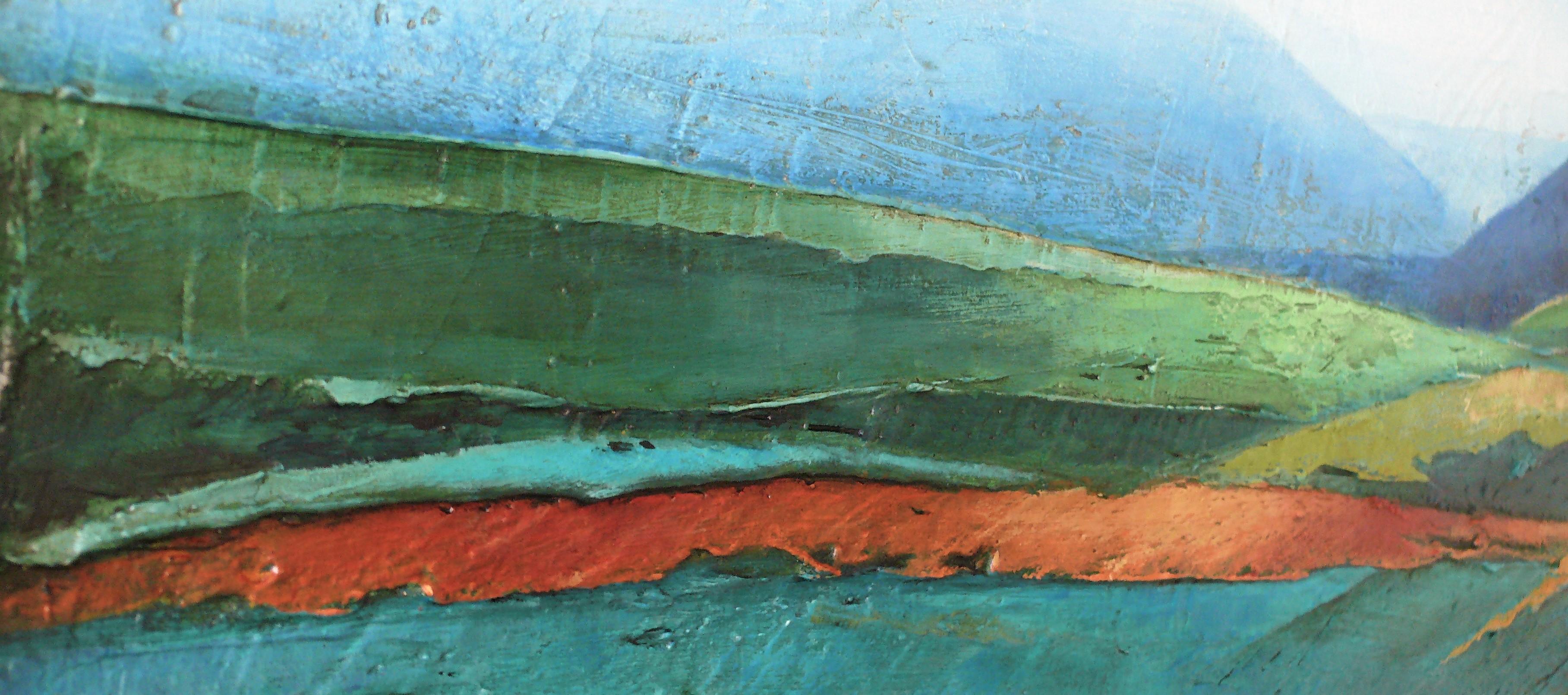 From a cloud. Modern landscape. Acrylic on panel  blue-green-red textured For Sale 4