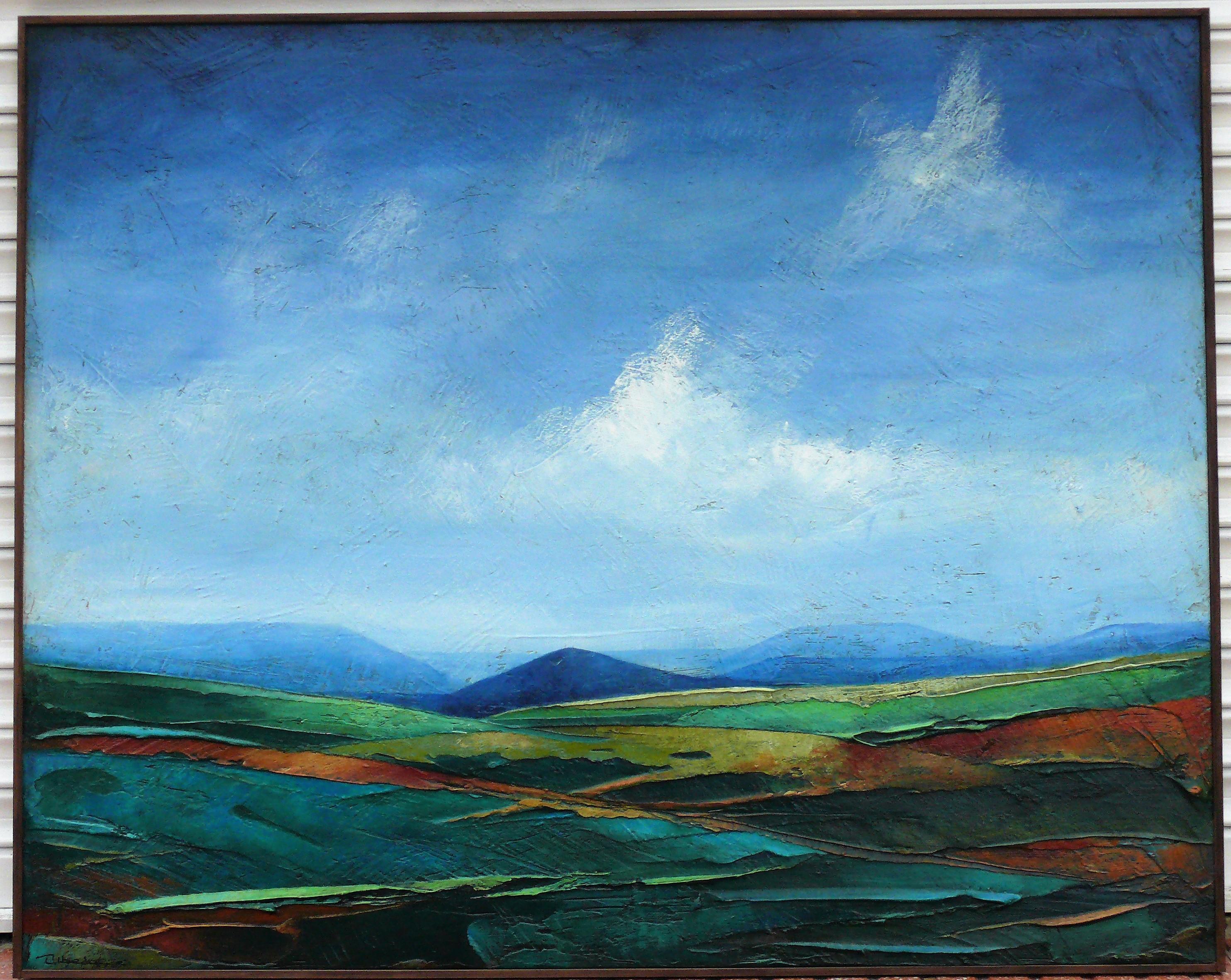From a cloud. Modern landscape. Acrylic on panel  blue-green-red textured - Painting by Ángel Luis Úbeda