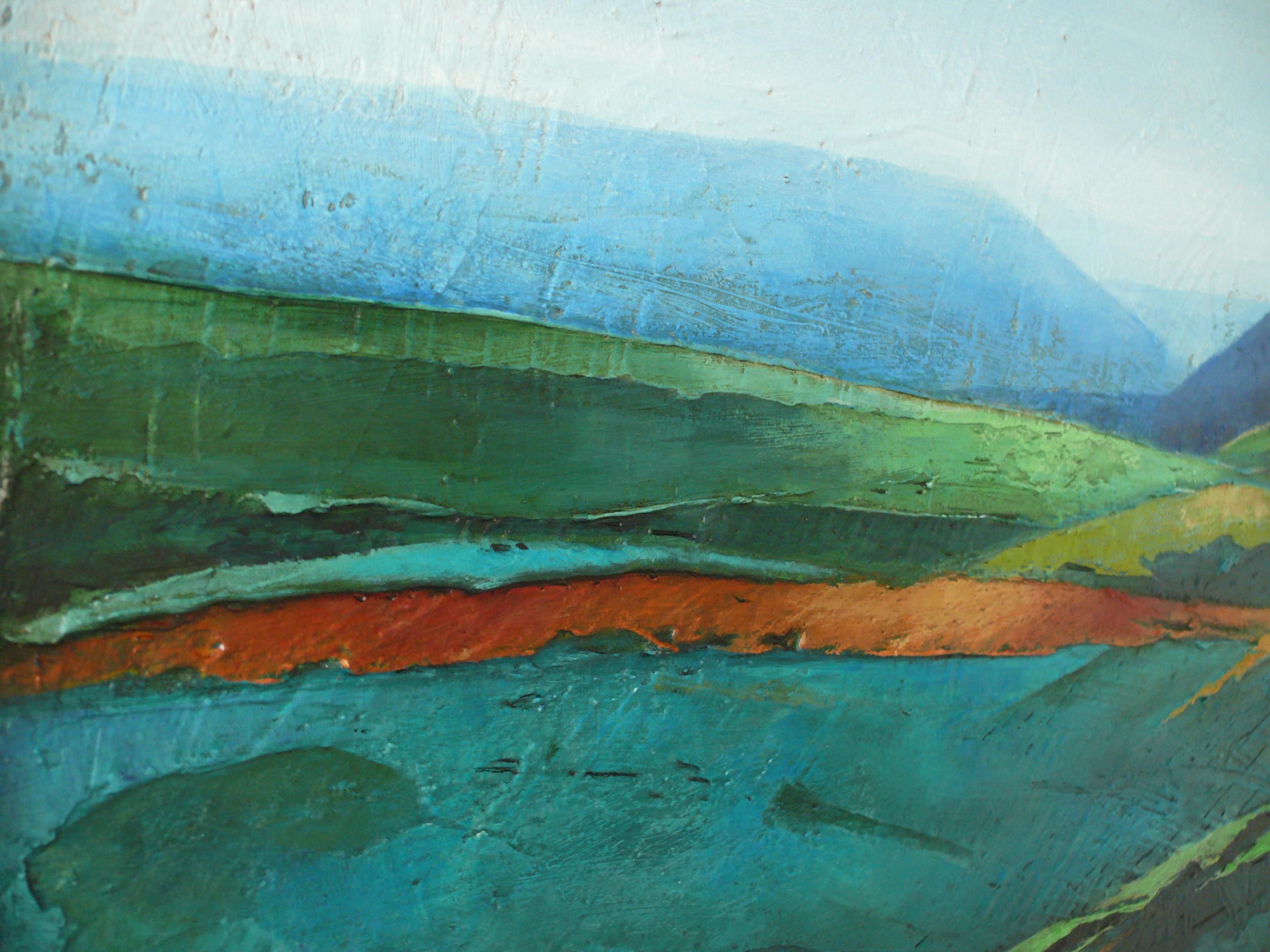 From a cloud. Modern landscape. Acrylic on panel  blue-green-red textured For Sale 1