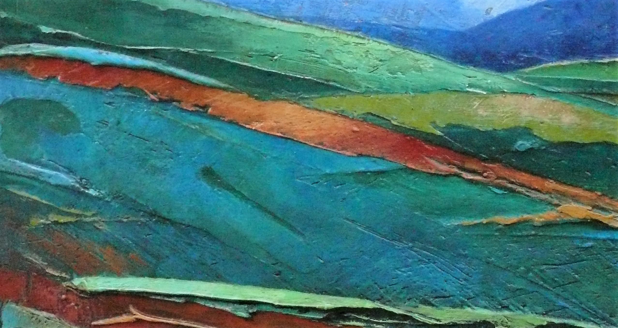 From a cloud. Modern landscape. Acrylic on panel  blue-green-red textured For Sale 2