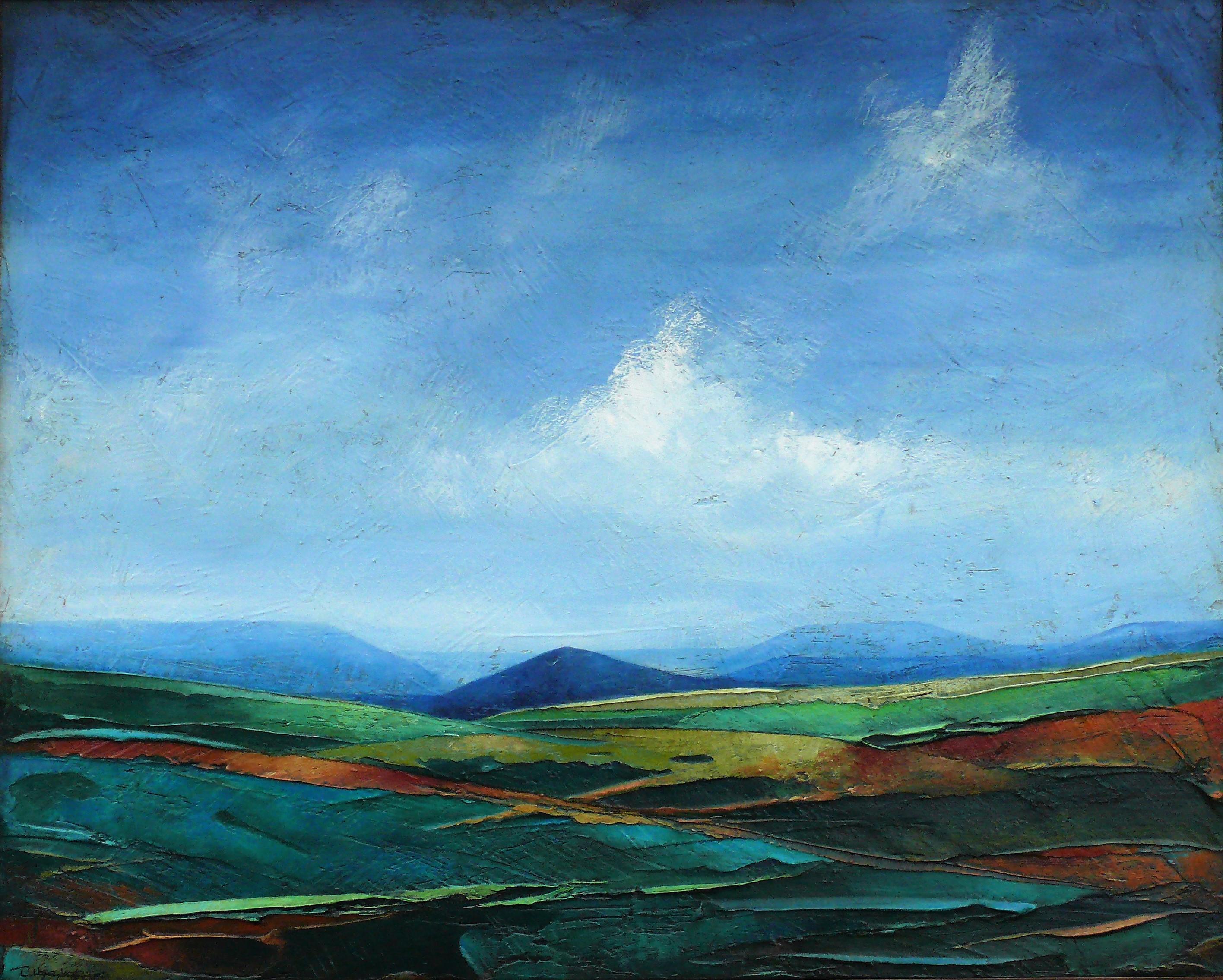 Modern landscape Úbeda Acrylic on panel From a cloud Textured Blue Green