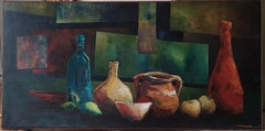 Modernes modernes Stillleben aus Acryl auf Leinwand Pergament aus Ton und Glas