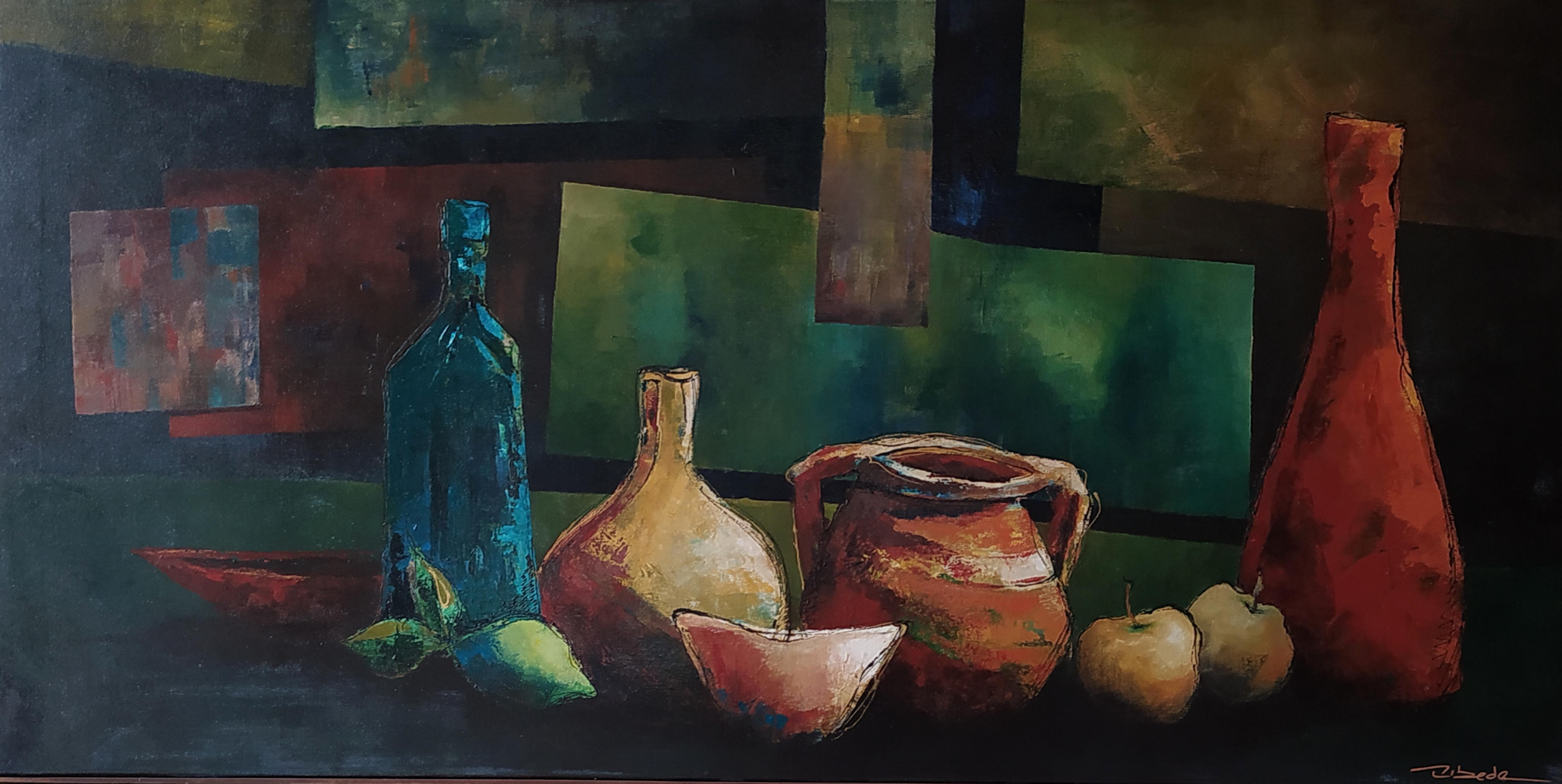 Ángel Luis Úbeda Figurative Painting - Modern Still-life Úbeda acrylic on canvas Perched of clay and glass