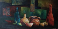 Nature morte moderne en acrylique sur toile perchée d'argile et de verre