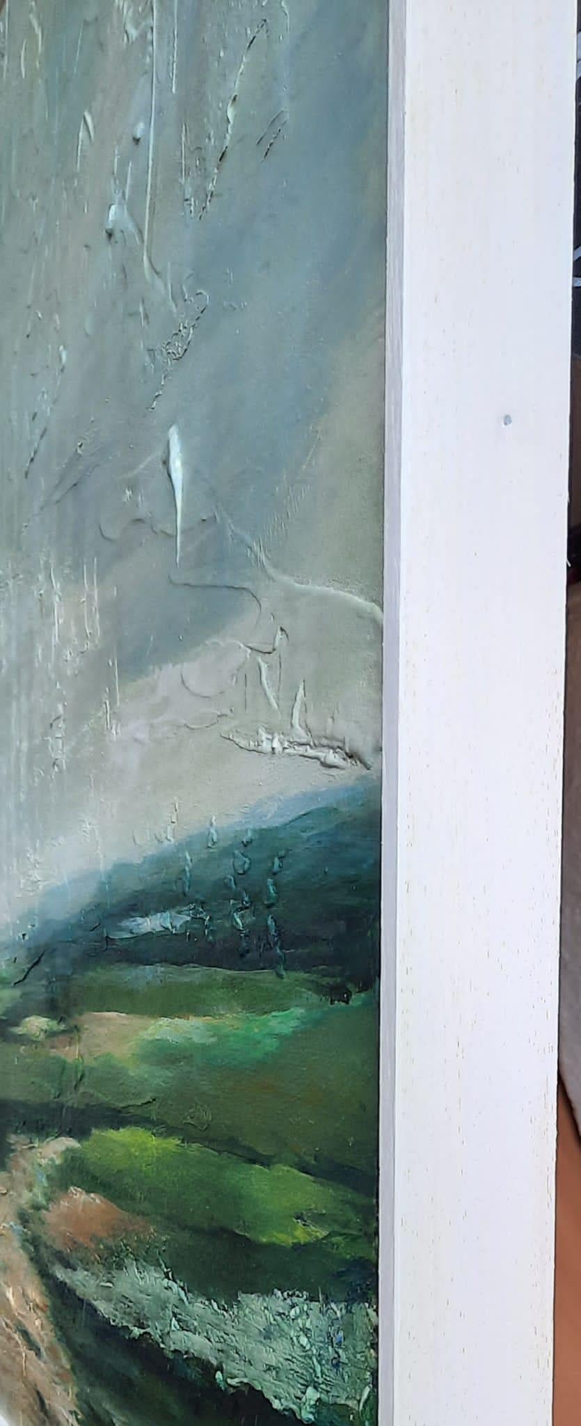 On my way. 
Modern figurative landscape painting by Spanish artist Ángel Luis Úbeda.
 Acrylic and mixed media on panel.  60x122x3.5 cm. / 23.62x48.03x1.38 Inches

The author stratifies the landscape with green reliefs, opened by the incision of a