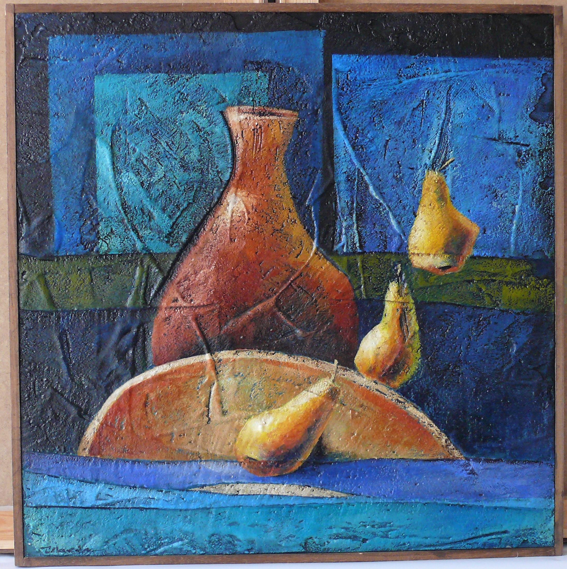 Ángel Luis Úbeda Figurative Painting - "Pears dance". Mixed media on panel. Úbeda Figurative Modern Still-life. 