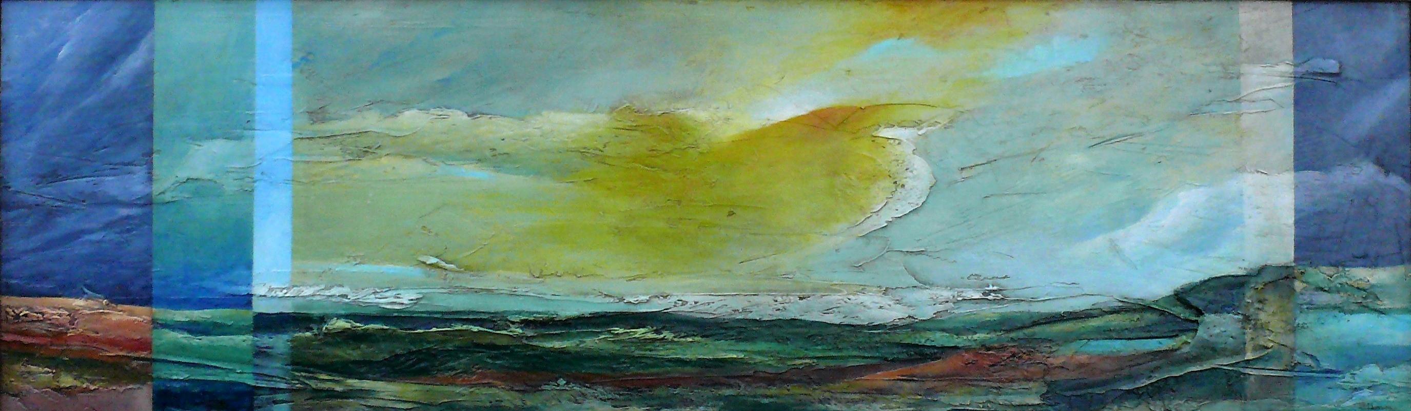 Restless Sky. Úbeda Modern fragmented into planes landscape. Yelow blue colors. - Painting by Ángel Luis Úbeda