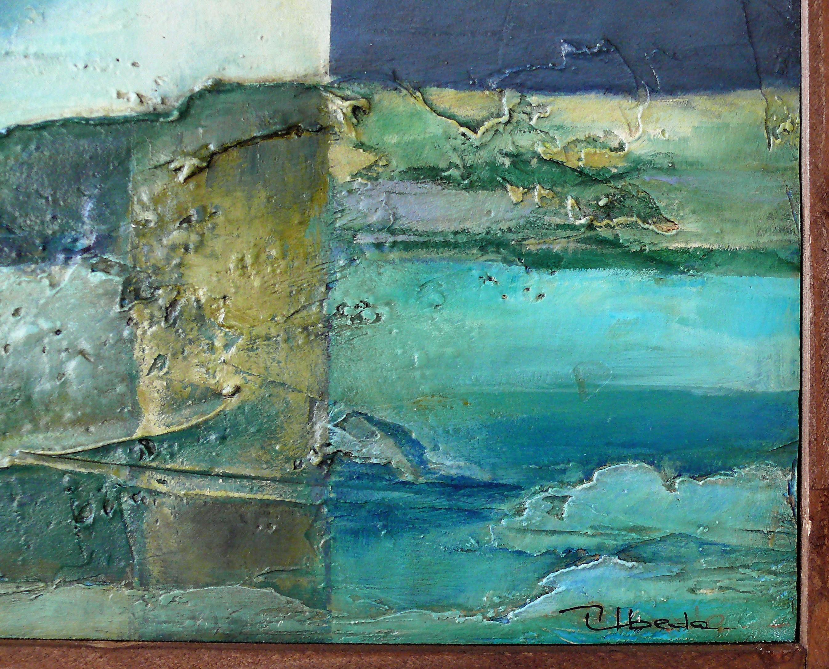 Restless Sky (Landscape)
The fragmentation of the planes and the light creates six different landscapes on the same horizon. The reliefs transform the sky into a restless fluid.
(The artist frames almost all his paintings with a wooden strip between