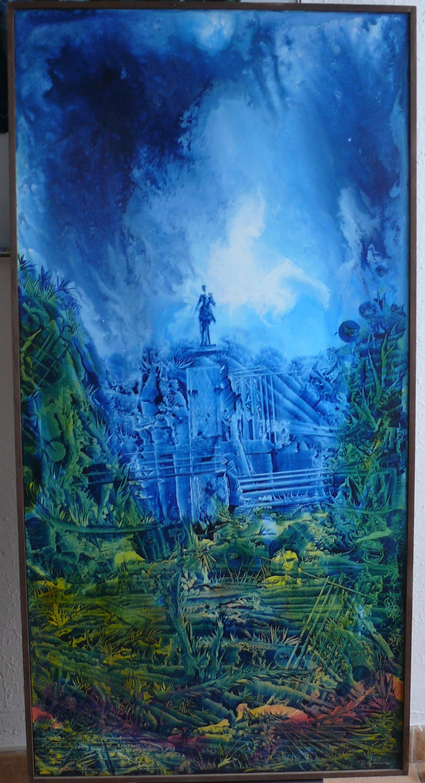Retiro Park (Madrid) unstructured Acrylic and oil. Blue and green Landscape For Sale 3
