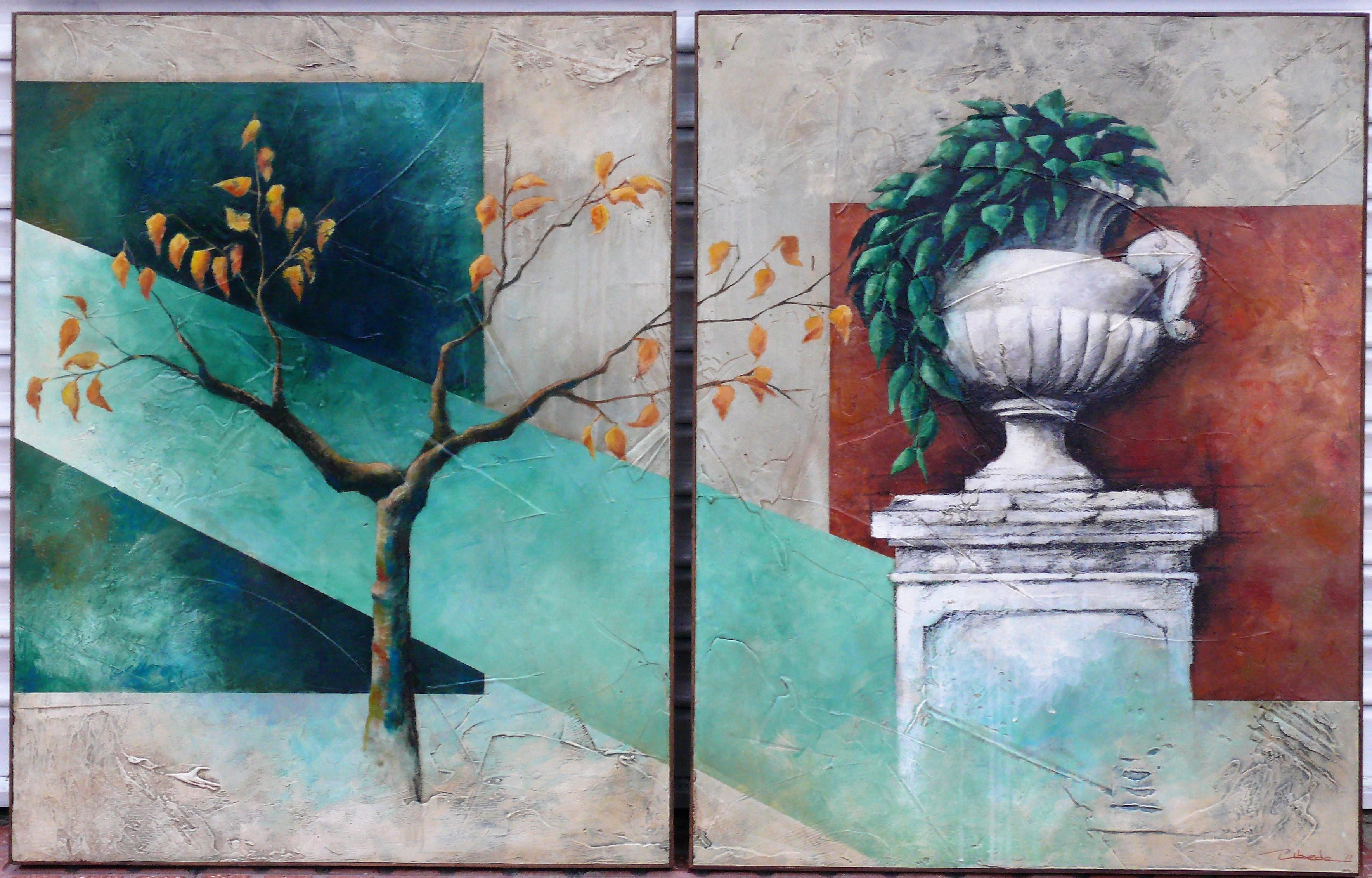 Secret Garden, Úbeda Diptic, acrylic on panel, decadent air and romantic style  - Painting by Ángel Luis Úbeda