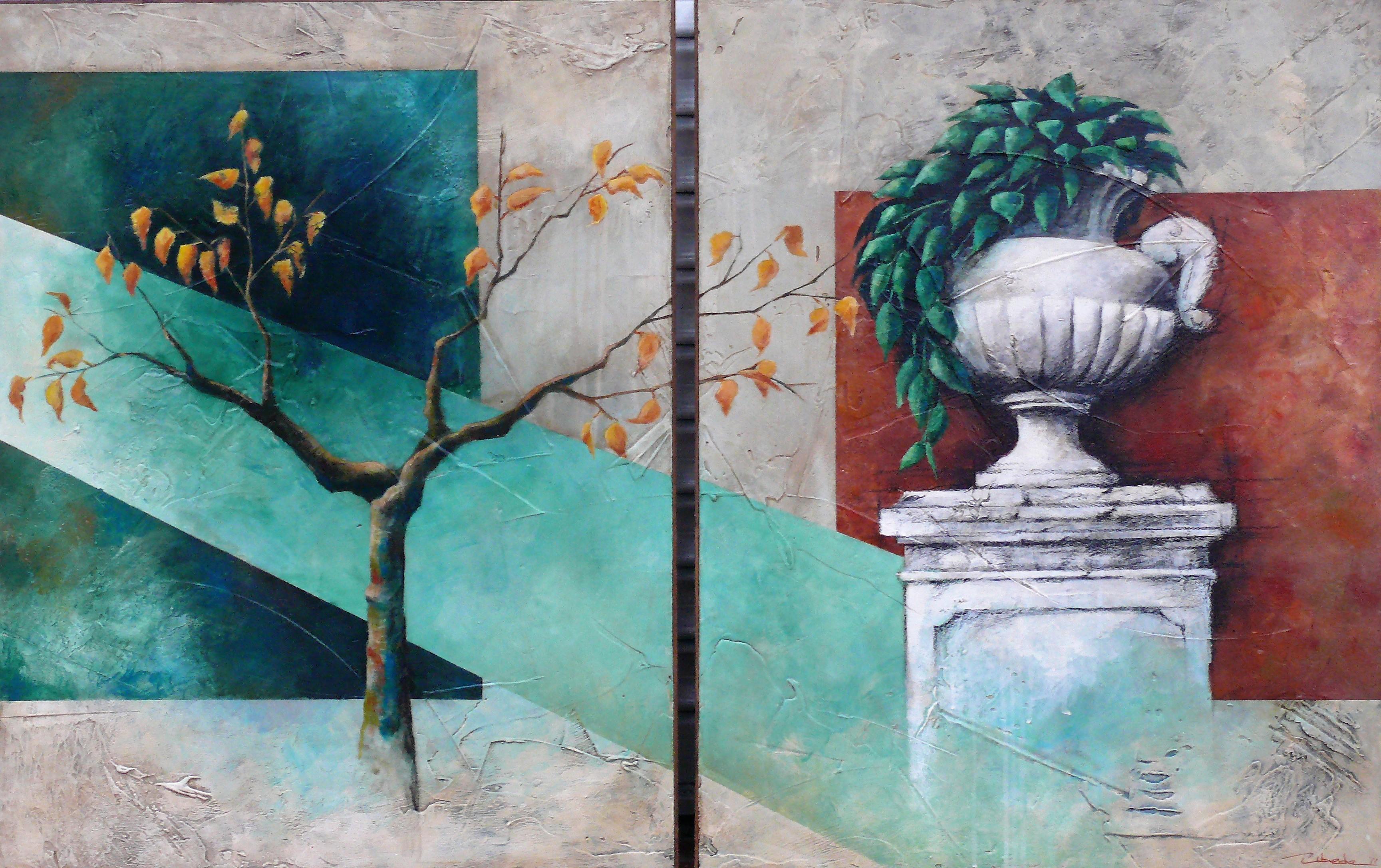 Secret Garden, Úbeda Diptic, acrylic on panel, decadent air and romantic style 