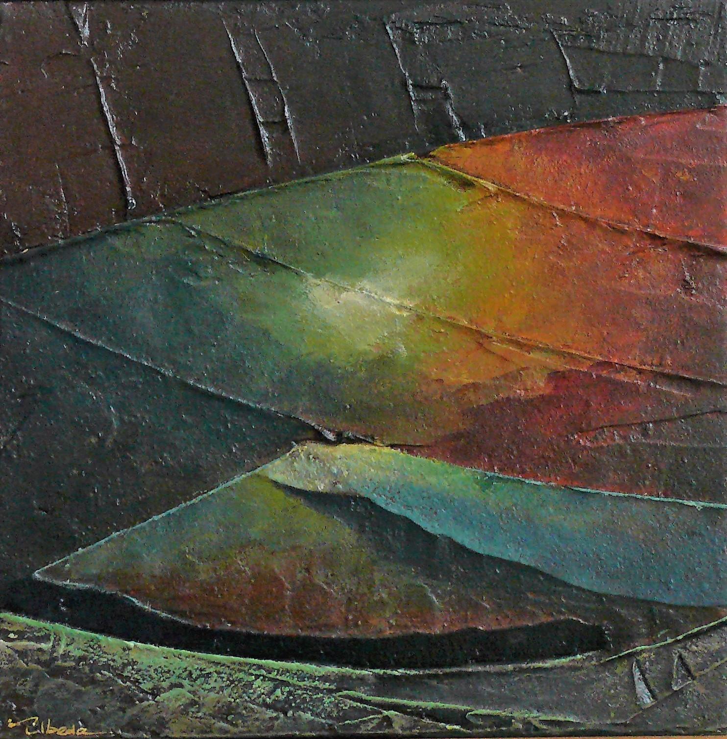 "Tesserae 1". Úbeda. Mixed media on panel Abstract green orange Landscape 