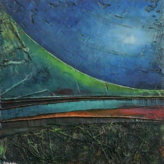 "Tesserae 2". Úbeda. Mixed media on panel. Abstract green and blue Landscape.