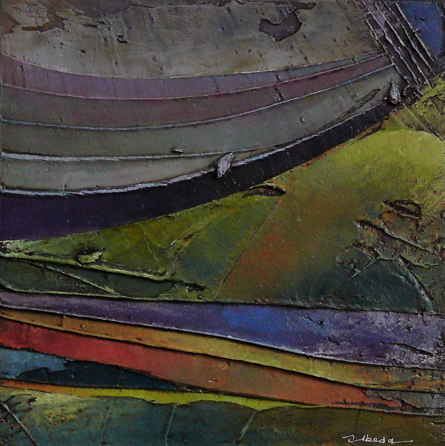 "Tesserae 3"  Úbeda. Mixed media on panel Abstract green purple orange Landscape