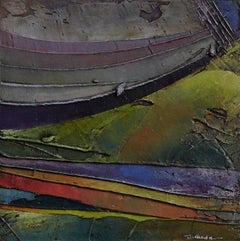 "Tesserae 3"  Úbeda. Mixed media on panel Abstract green purple orange Landscape