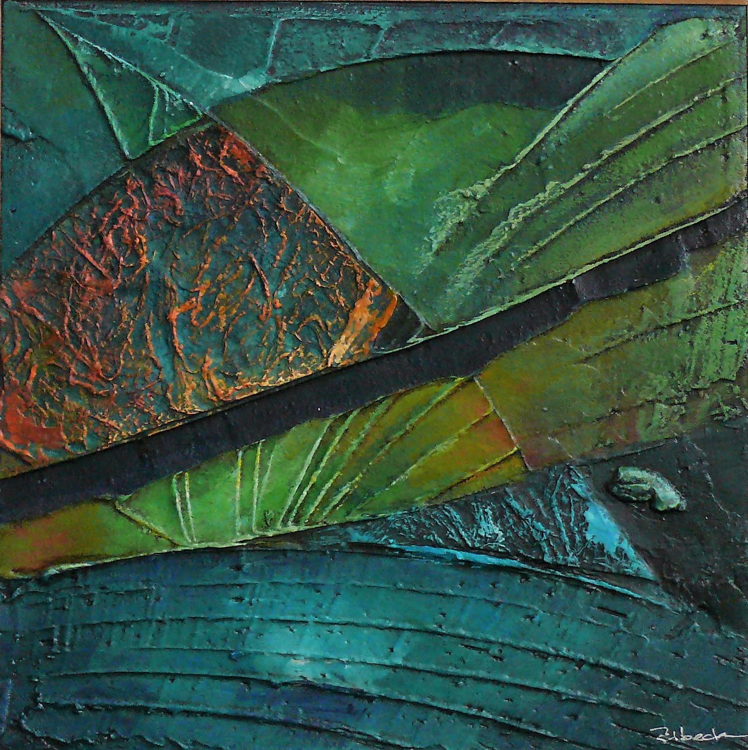 "Tesserae 4". Úbeda. Mixed media on panel. Abstract green blue orange Landscape