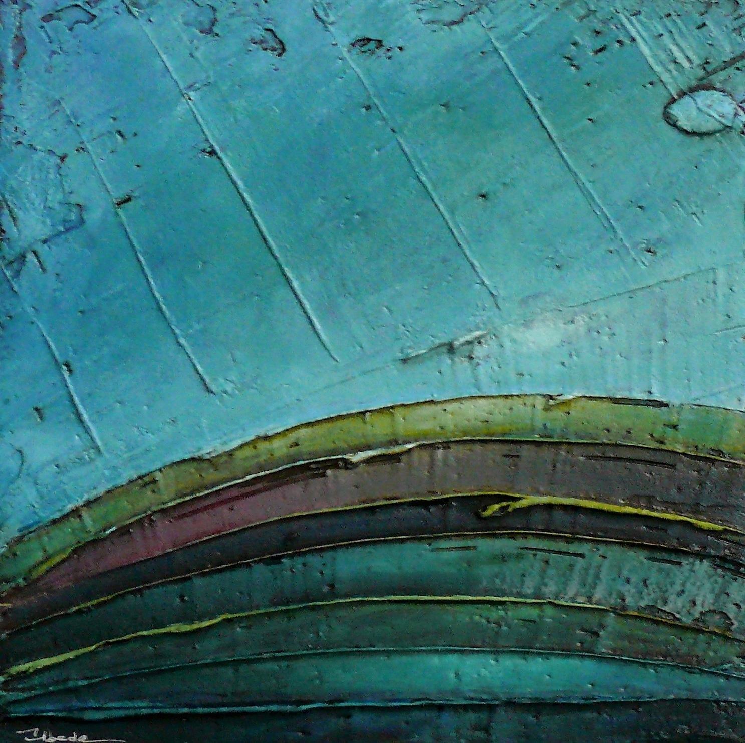 Ángel Luis Úbeda Abstract Painting - "Tesserae 5". Úbeda. Mixed media on panel Abstract green blue  purple Landscape