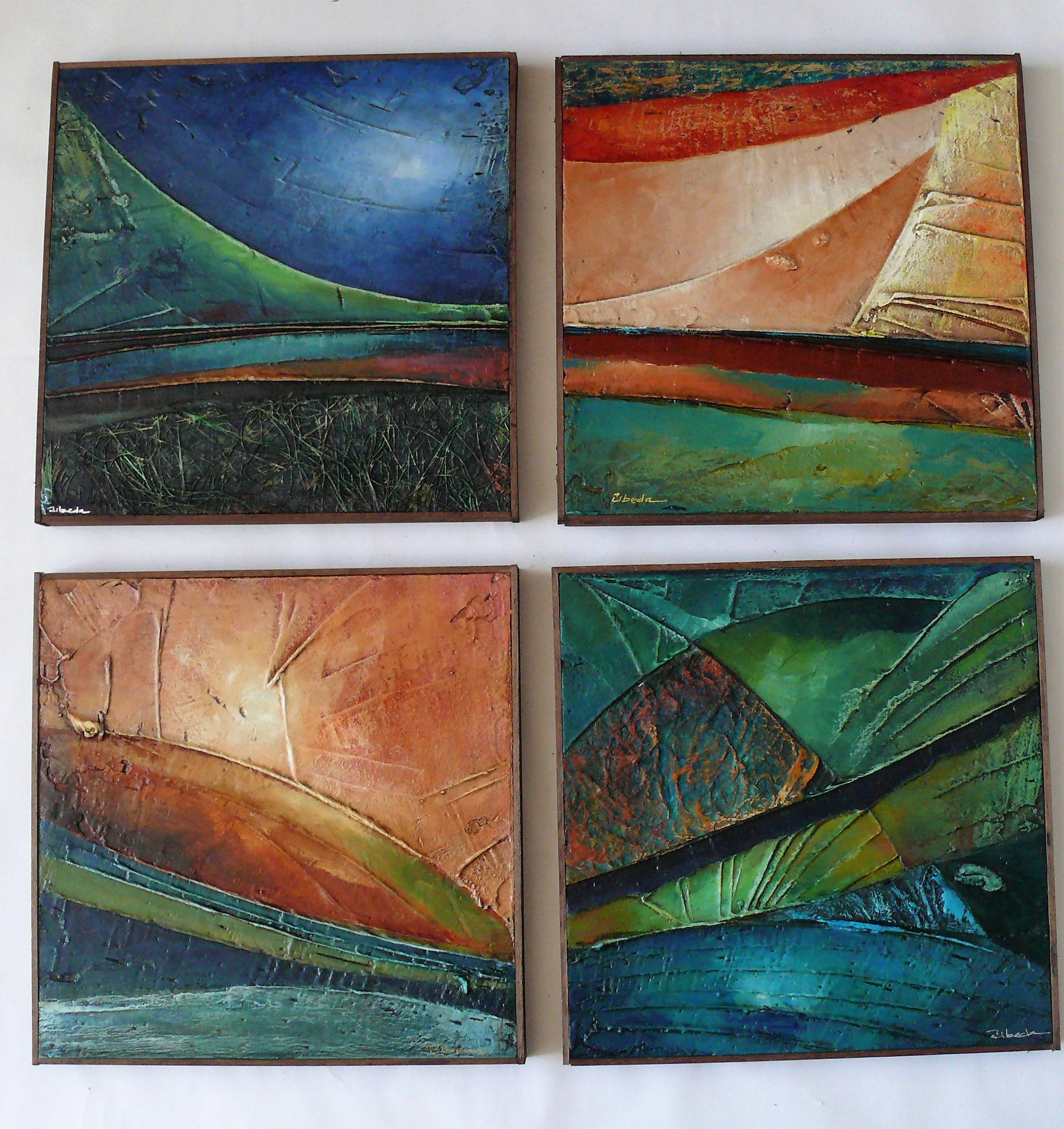 Ángel Luis Úbeda Landscape Painting - "Tesserae". Úbeda. 4 pieces acrylic on panel forming abstract mosaic landscape.