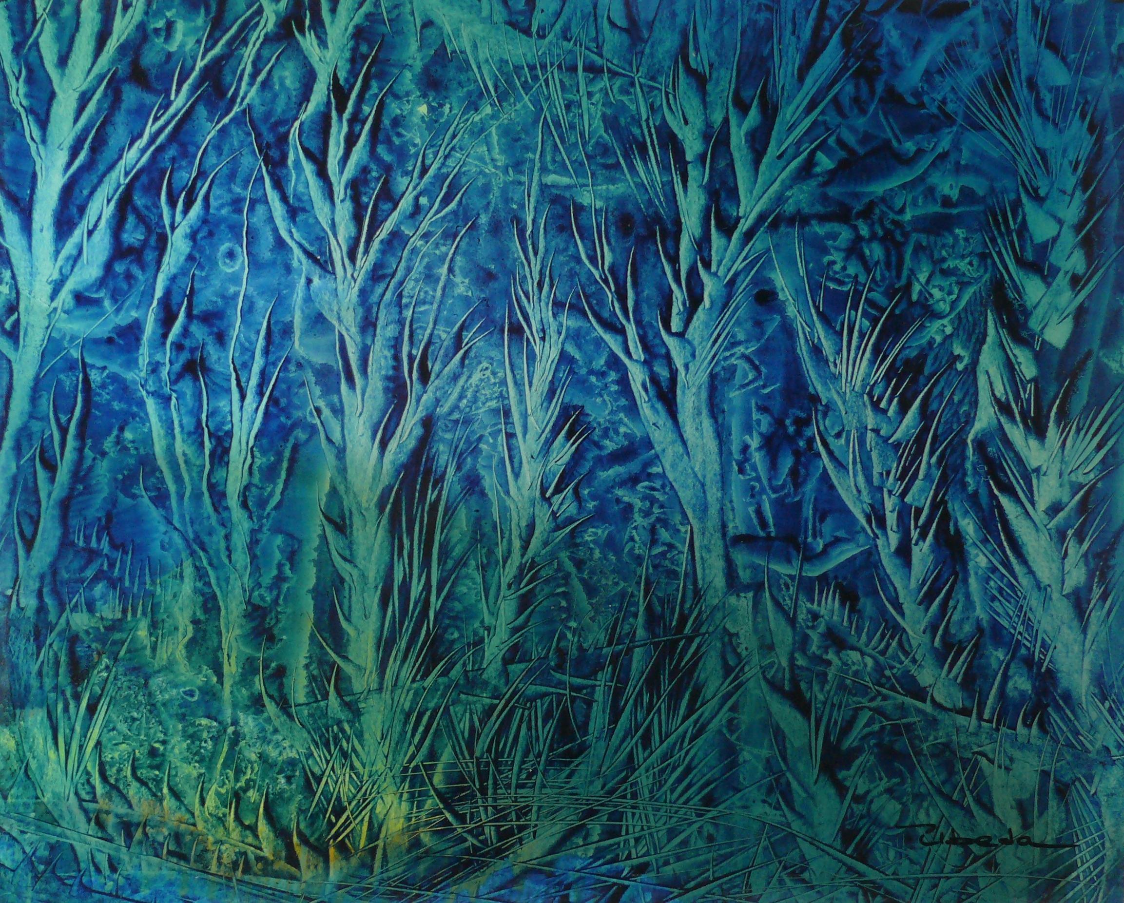 Serie Unter dem Meer, Nr. 10. Úbeda. Öl- Fantasie- unterwasserlandschaft in Blau und Grün. – Painting von Ángel Luis Úbeda
