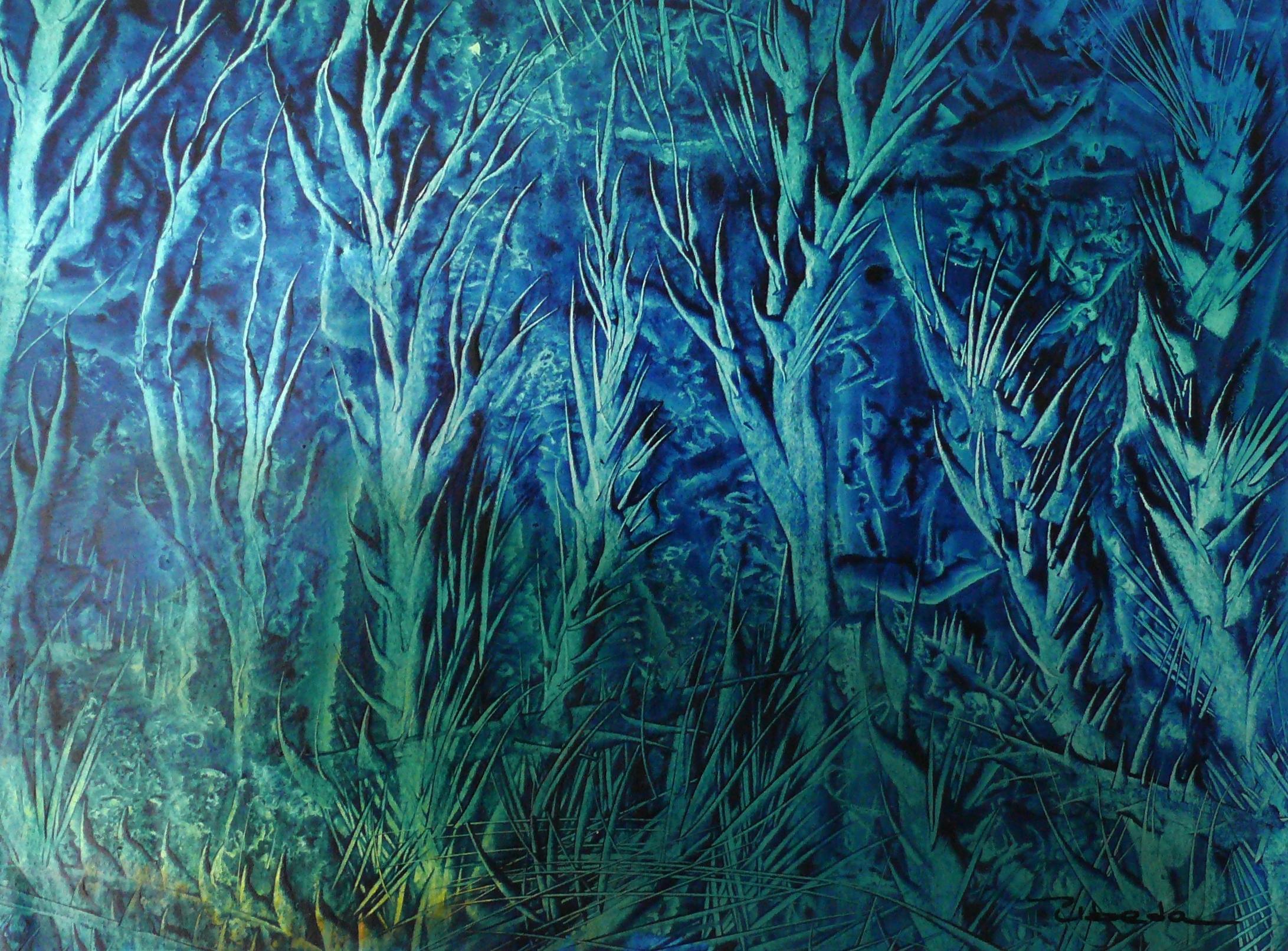 Serie Unter dem Meer, Nr. 10. Úbeda. Ölfarbe Fantasie blau grün Unterwasserlandschaft.  
Öl auf Papier, (H) 28 x (B) 39 X (T) 0,2 cm.
Autor: Úbeda.

Die Blätter, aus denen dieses Projekt besteht, erinnern an eine traumhafte Welt der Meeresböden. Der