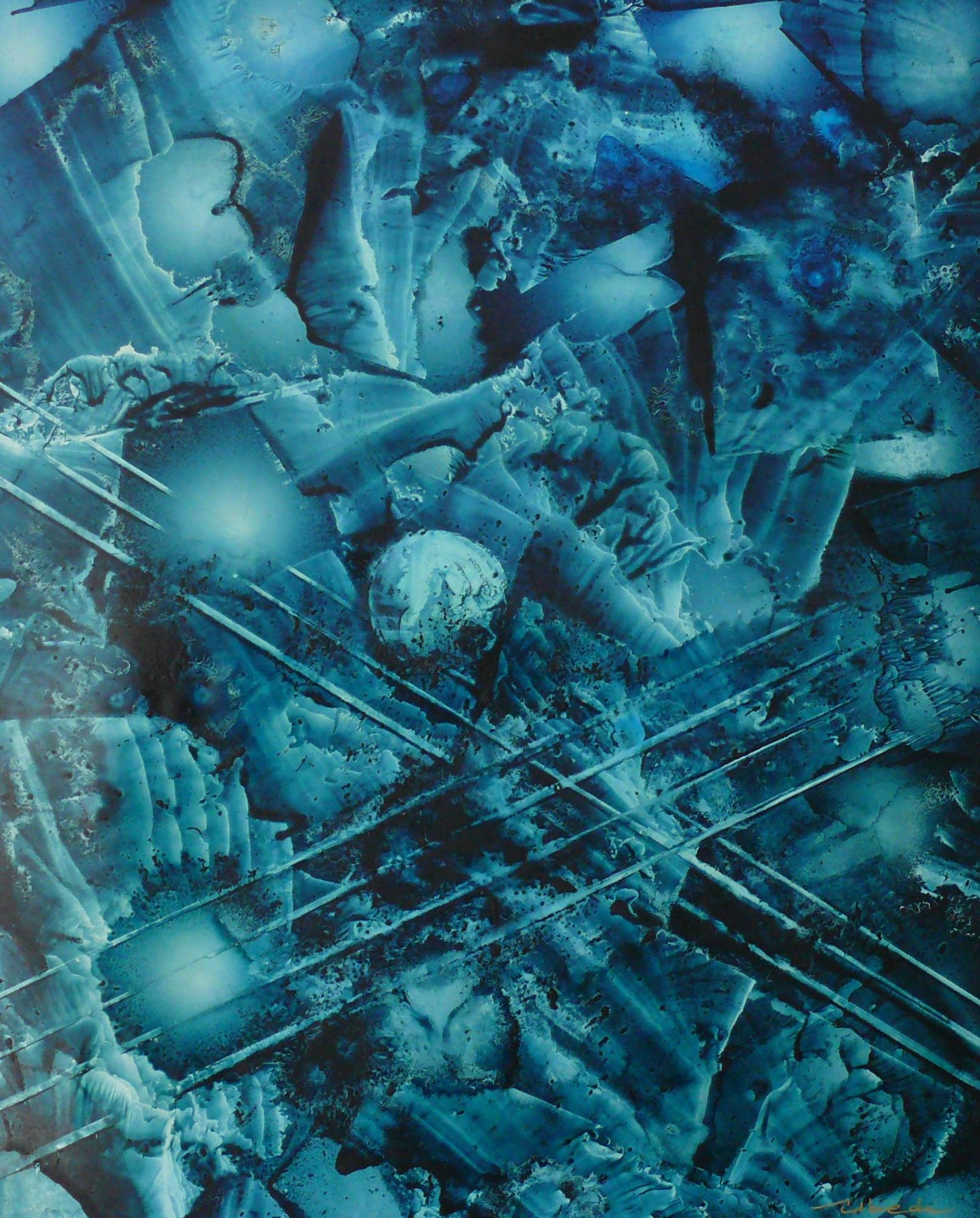 Figurative Painting Ángel Luis Úbeda - Série Under The Sea N 12. beda. Paysage bleu fantaisie sous-marin à l'huile.
