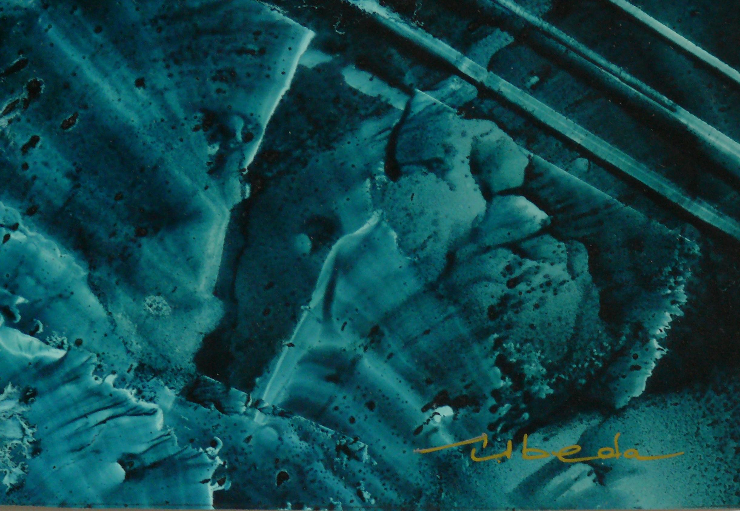 Série Under The Sea N 12. beda. Paysage fantastique à l'huile sous-marin. Bleu vert - Painting de Ángel Luis Úbeda