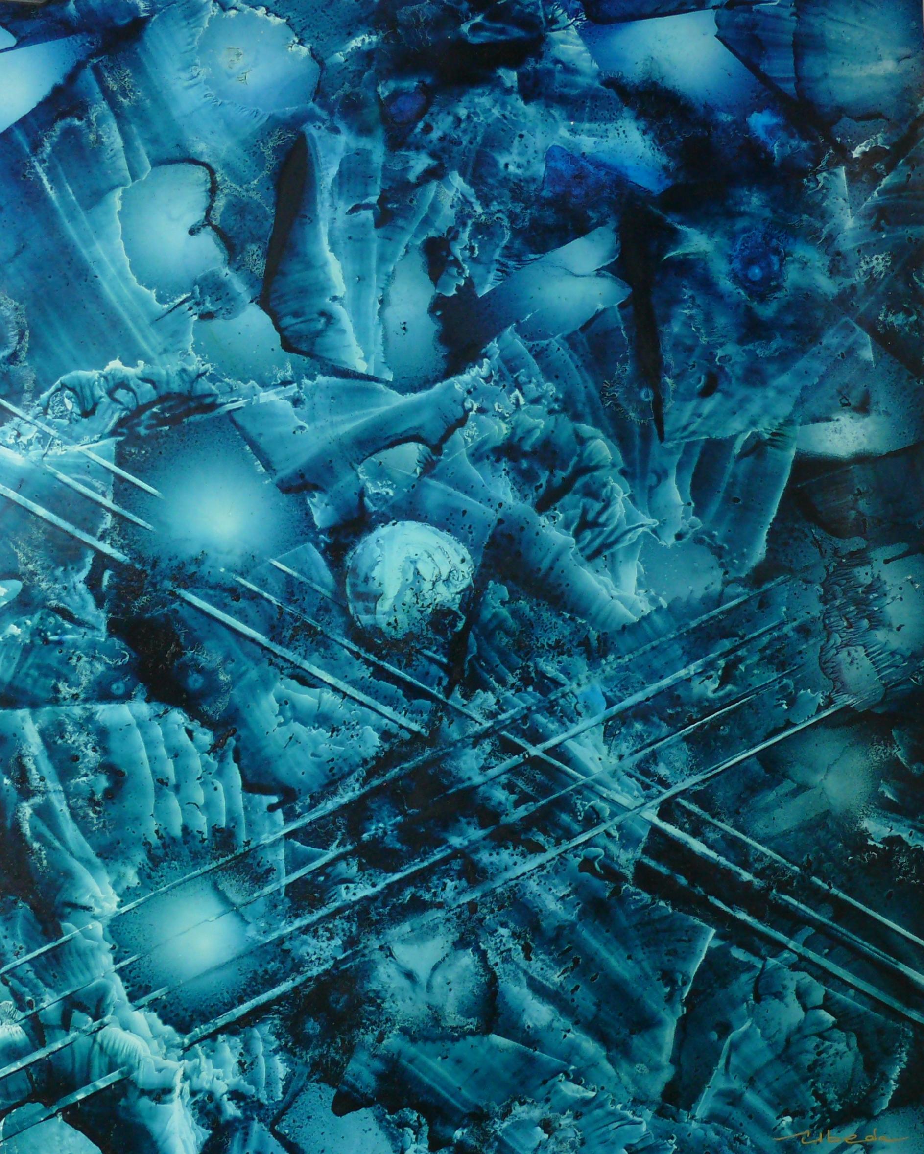 Série Under The Sea N 12. beda. Paysage fantastique à l'huile sous-marin. Bleu vert - Moderne Painting par Ángel Luis Úbeda