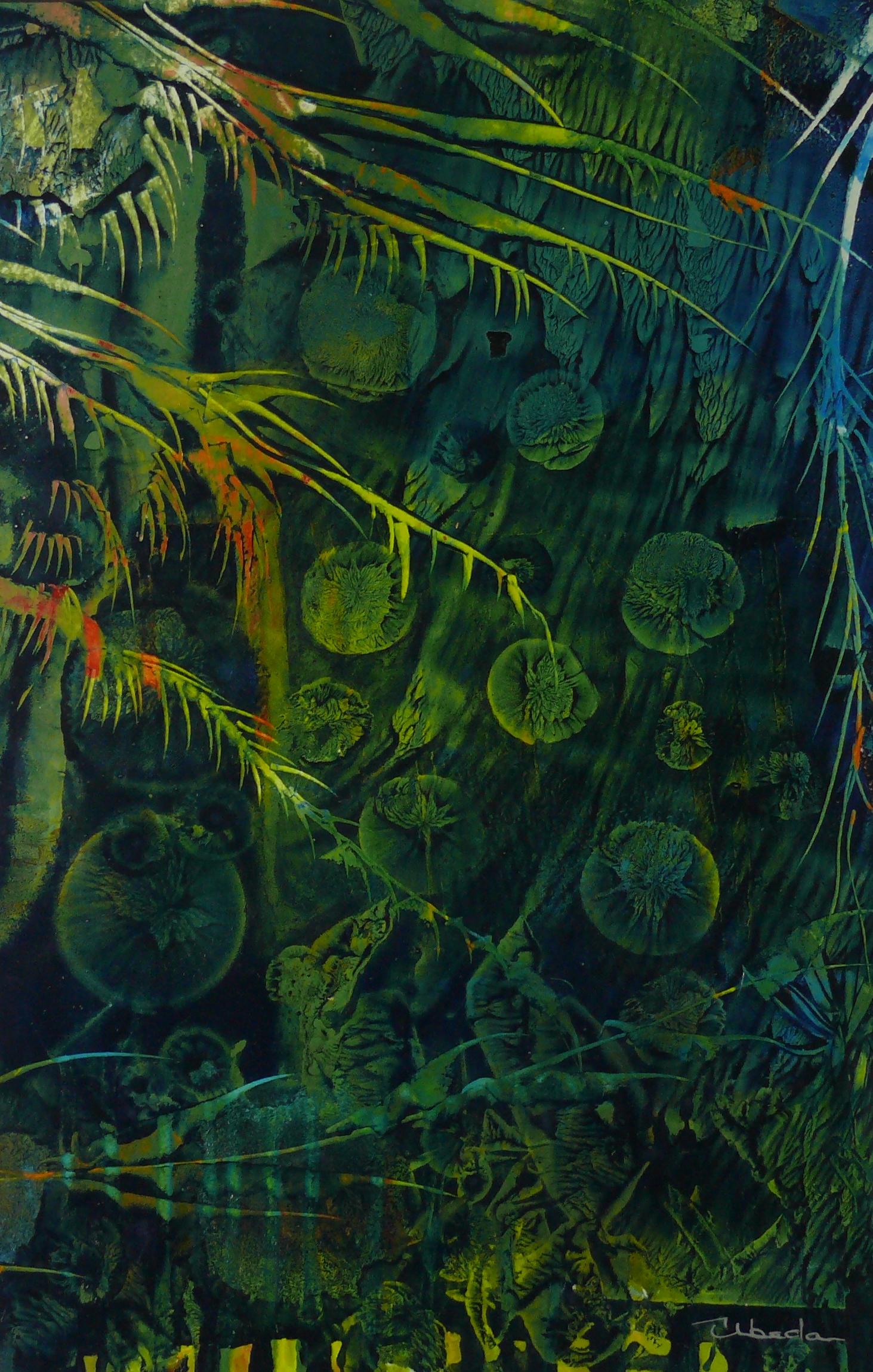 Under The Sea Series Nº 18. Úbeda. Oil fantasy orange green underwater landscape - Painting by Ángel Luis Úbeda