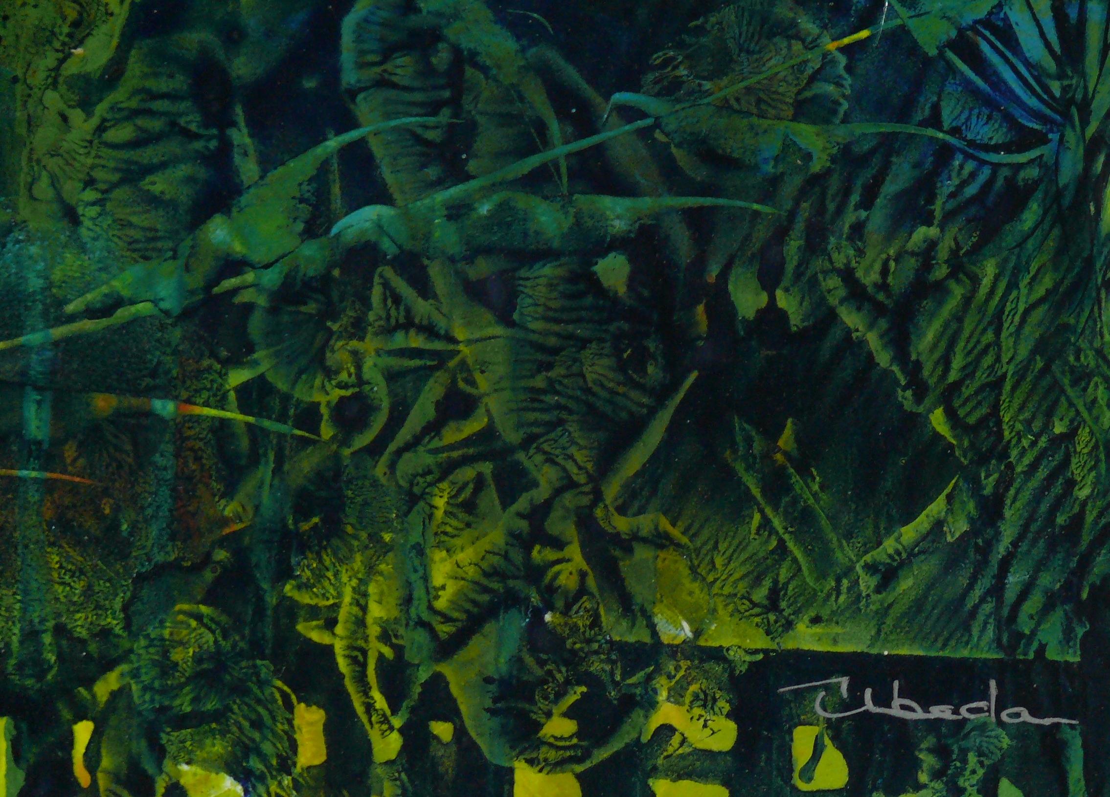 Série Under The Sea N 18. beda. Paysage fantastique à l'huile orange-vert sous-marin - Moderne Painting par Ángel Luis Úbeda