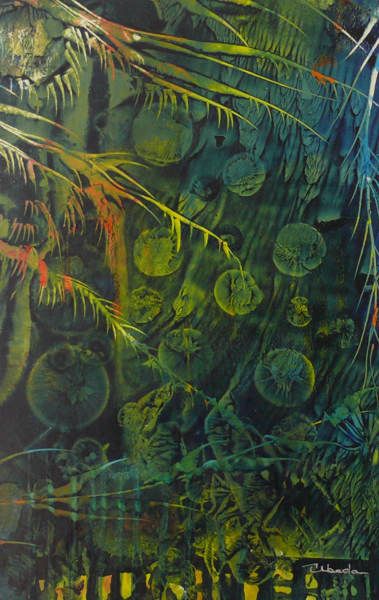 Ángel Luis Úbeda Figurative Painting - Under The Sea Series Nº 18. Úbeda. Oil fantasy orange green underwater landscape