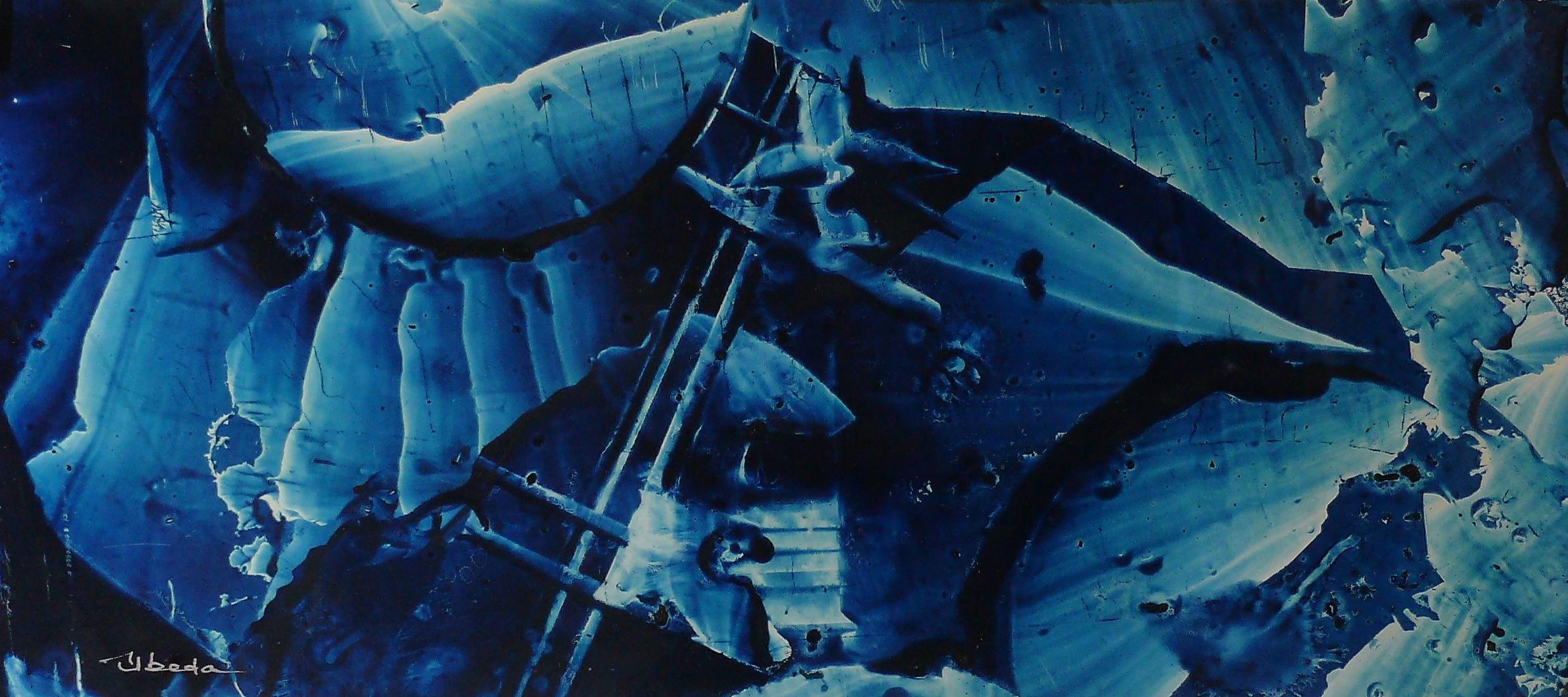 Under The Sea Series Nº 19. Úbeda. Oil fantasy blue color underwater landscape.  - Painting by Ángel Luis Úbeda