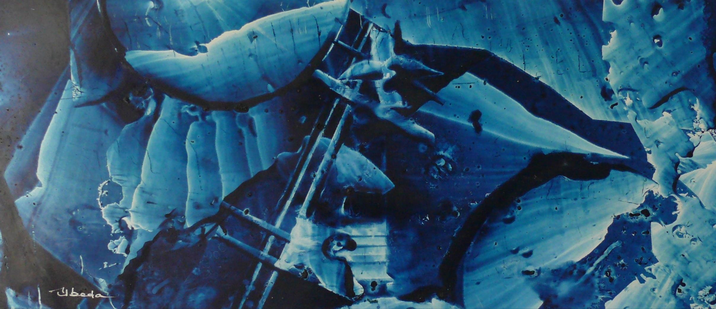 Figurative Painting Ángel Luis Úbeda - Série Under The Sea N 19. beda. Paysage fantastique à l'huile de couleur bleue sous-marine. 