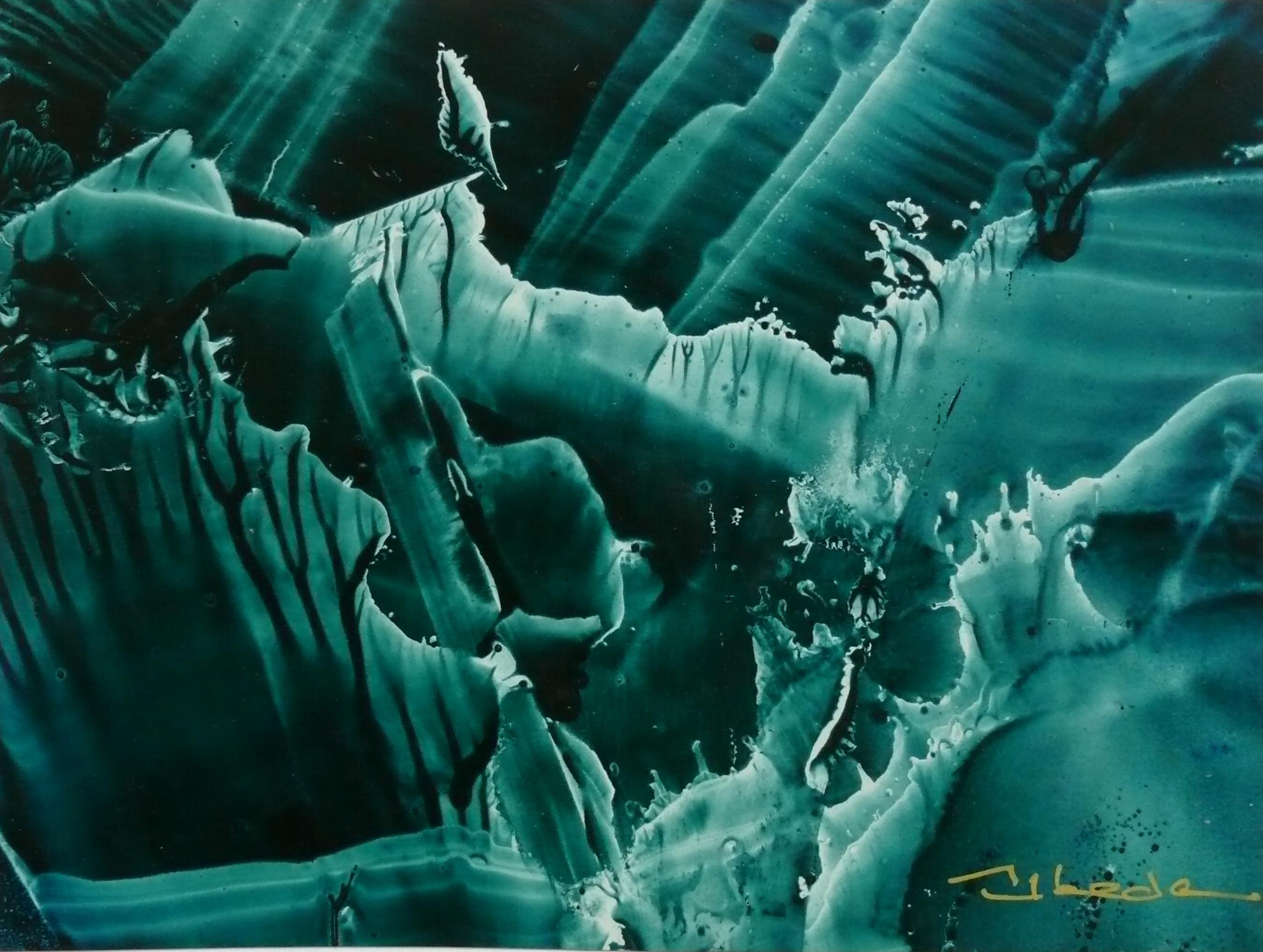 Série Under The Sea N 20. beda. Paysage sous-marin vert fantaisie à l'huile.  - Noir Figurative Painting par Ángel Luis Úbeda