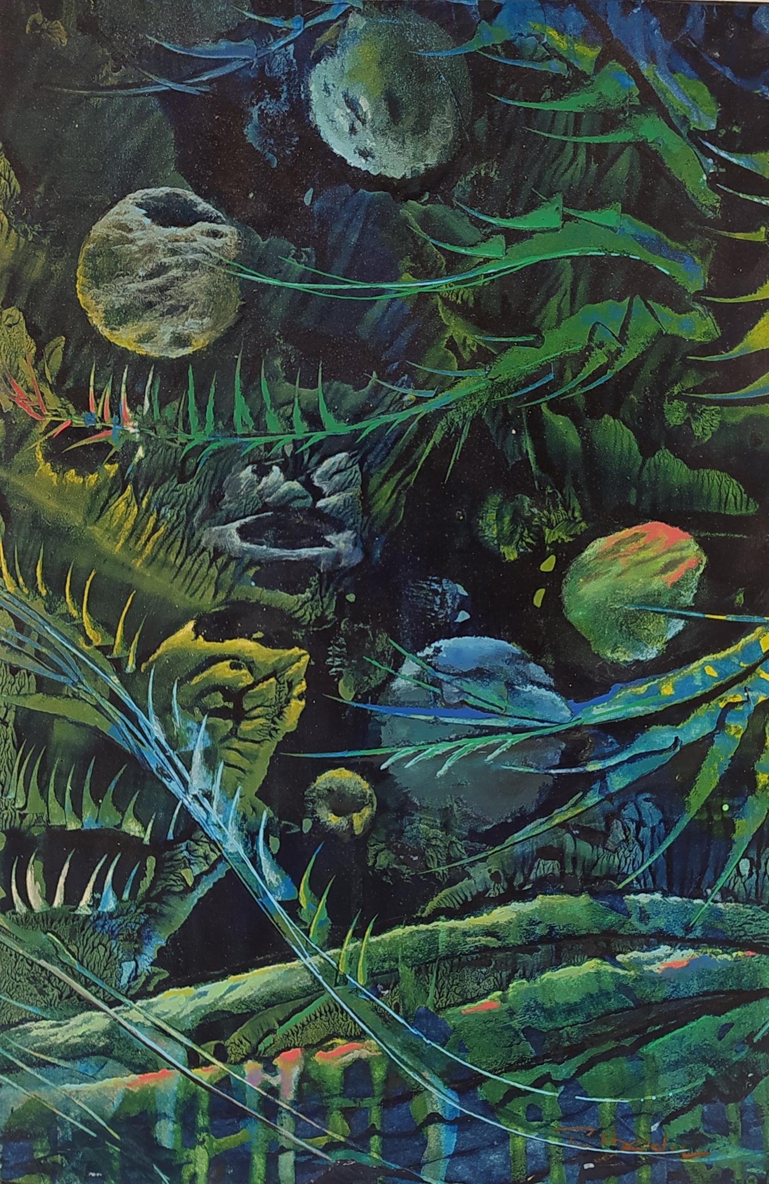 Under The Sea Serie N 23. beda. Öl Fantasie unterwasserblau-grüne Landschaft – Painting von Ángel Luis Úbeda