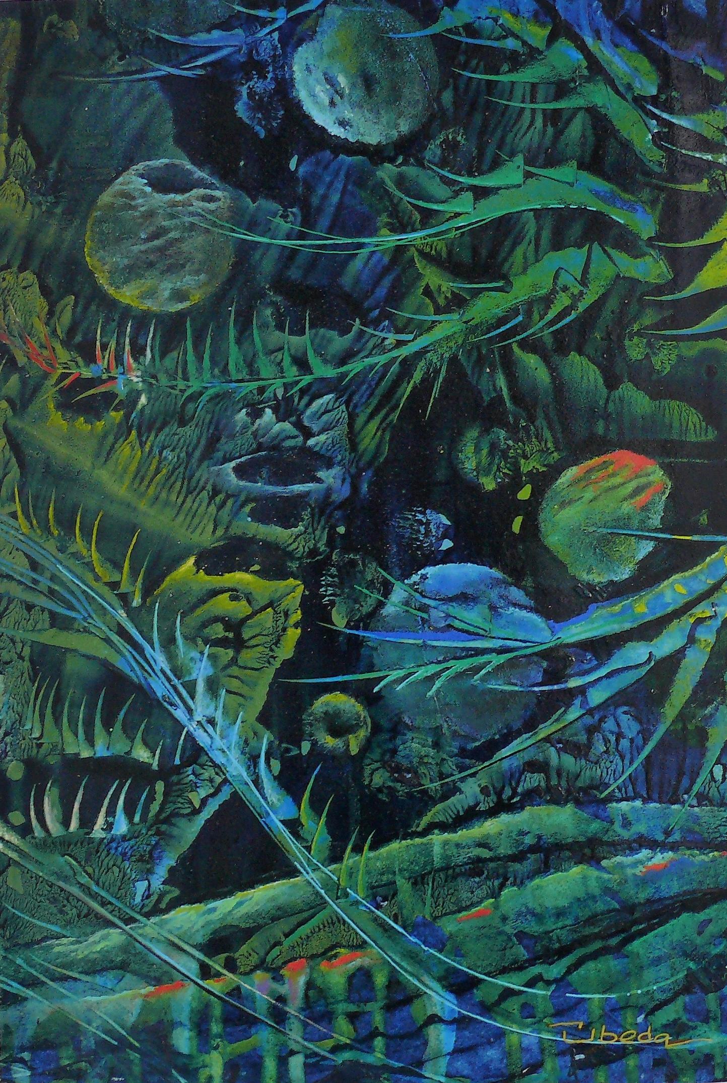 Abstract Painting Ángel Luis Úbeda - Série Under The Sea N 23. beda. Paysage fantaisie à l'huile bleu-vert sous l'eau