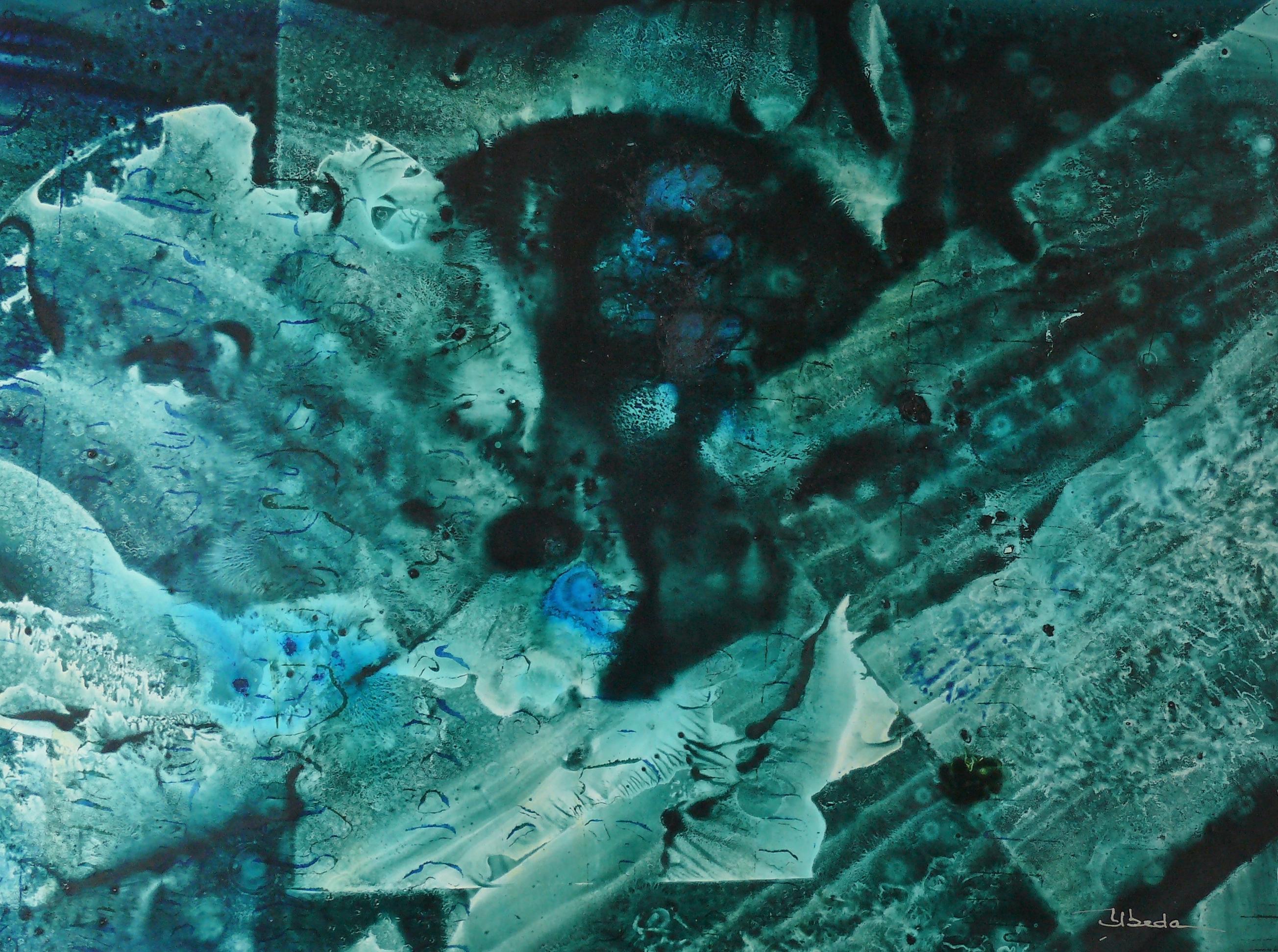 Série Under The Sea N 25. beda. Paysage fantaisie à l'huile vert eau sous-marin - Painting de Ángel Luis Úbeda