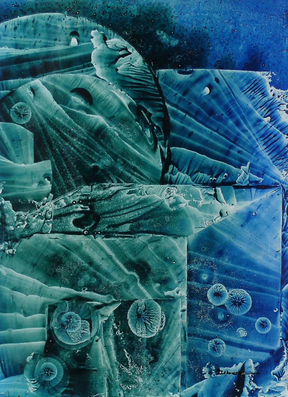 Série Under The Sea N 14. beda. Paysage fantastique à l'huile sous-marin. Bleu-vert. - Painting de Ángel Luis Úbeda