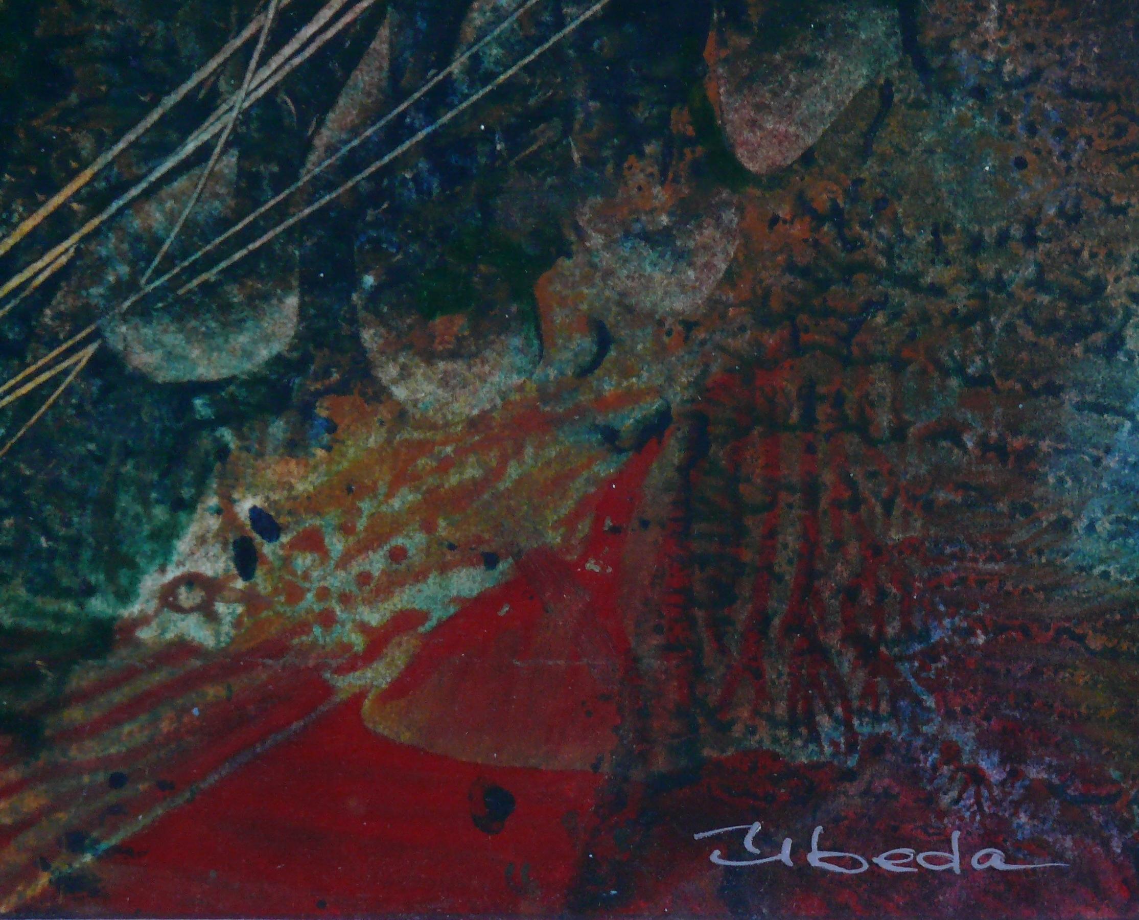 Série Under The Sea N 26. Paysage fantaisie à l'huile sous l'eau bleu vert rouge - Painting de Ángel Luis Úbeda