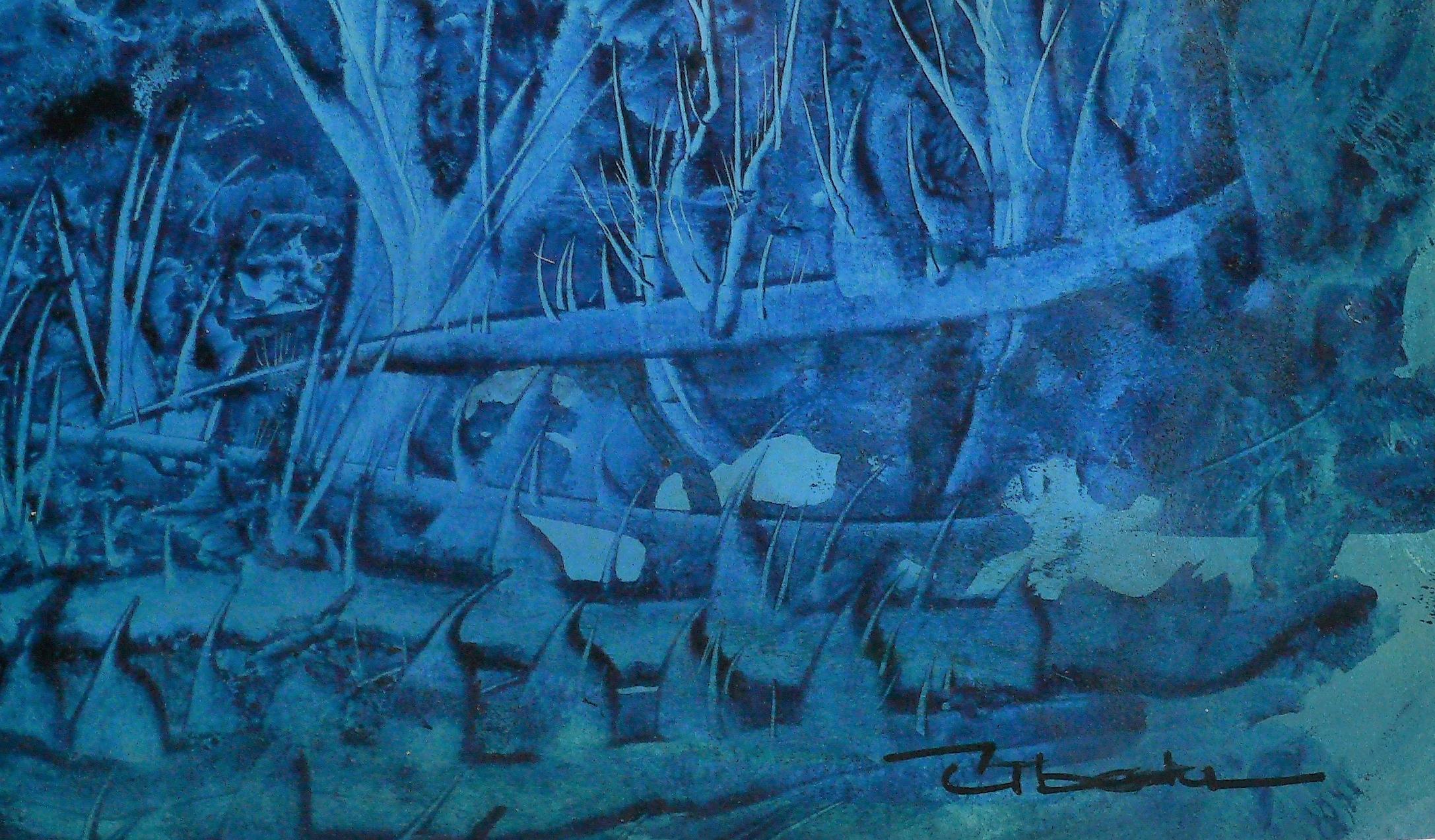 Série Under The Sea N 27. beda. Paysage fantaisie à l'huile bleu-vert sous l'eau - Painting de Ángel Luis Úbeda