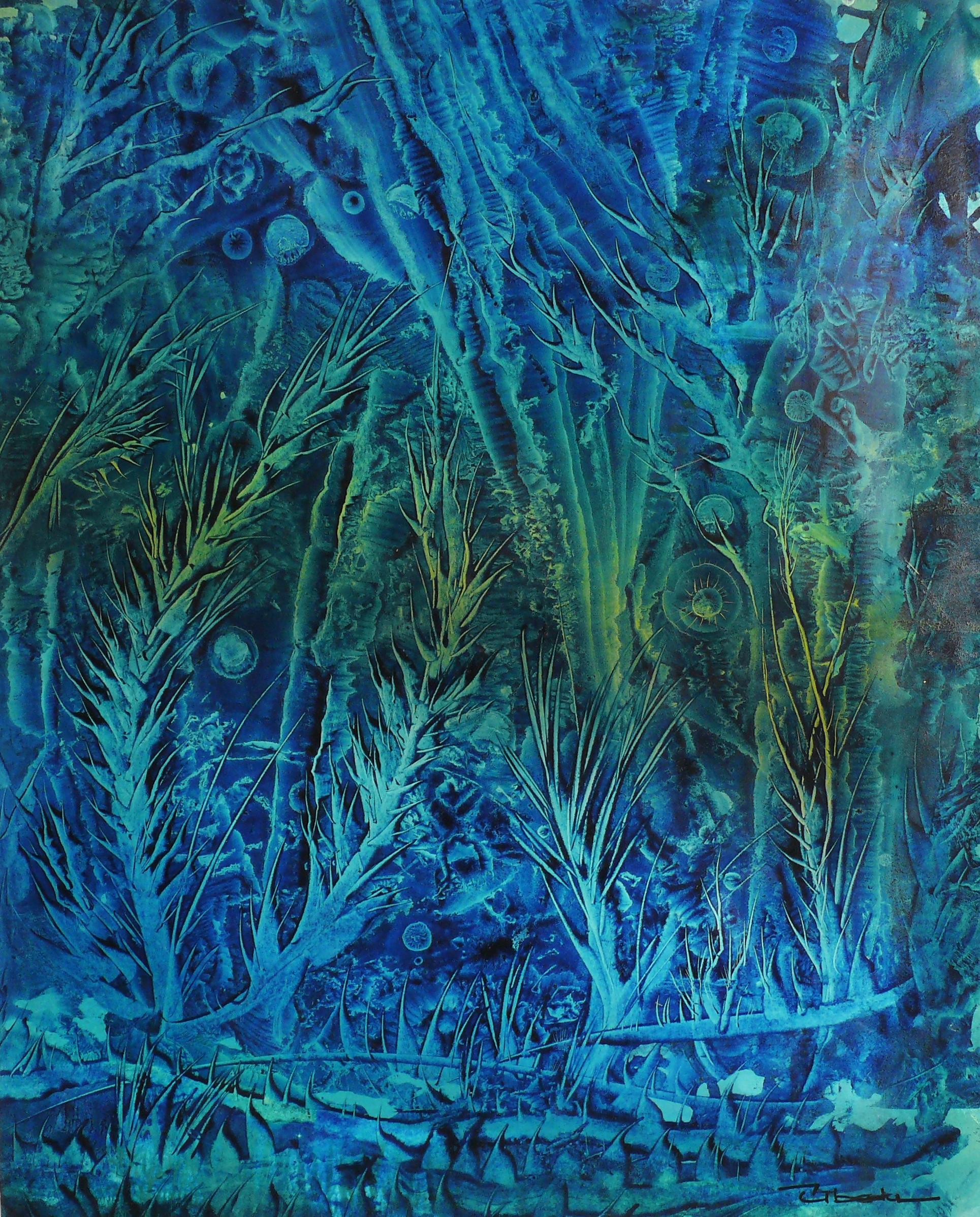 Série Under The Sea N 27. beda. Paysage fantaisie à l'huile bleu-vert sous l'eau - Moderne Painting par Ángel Luis Úbeda