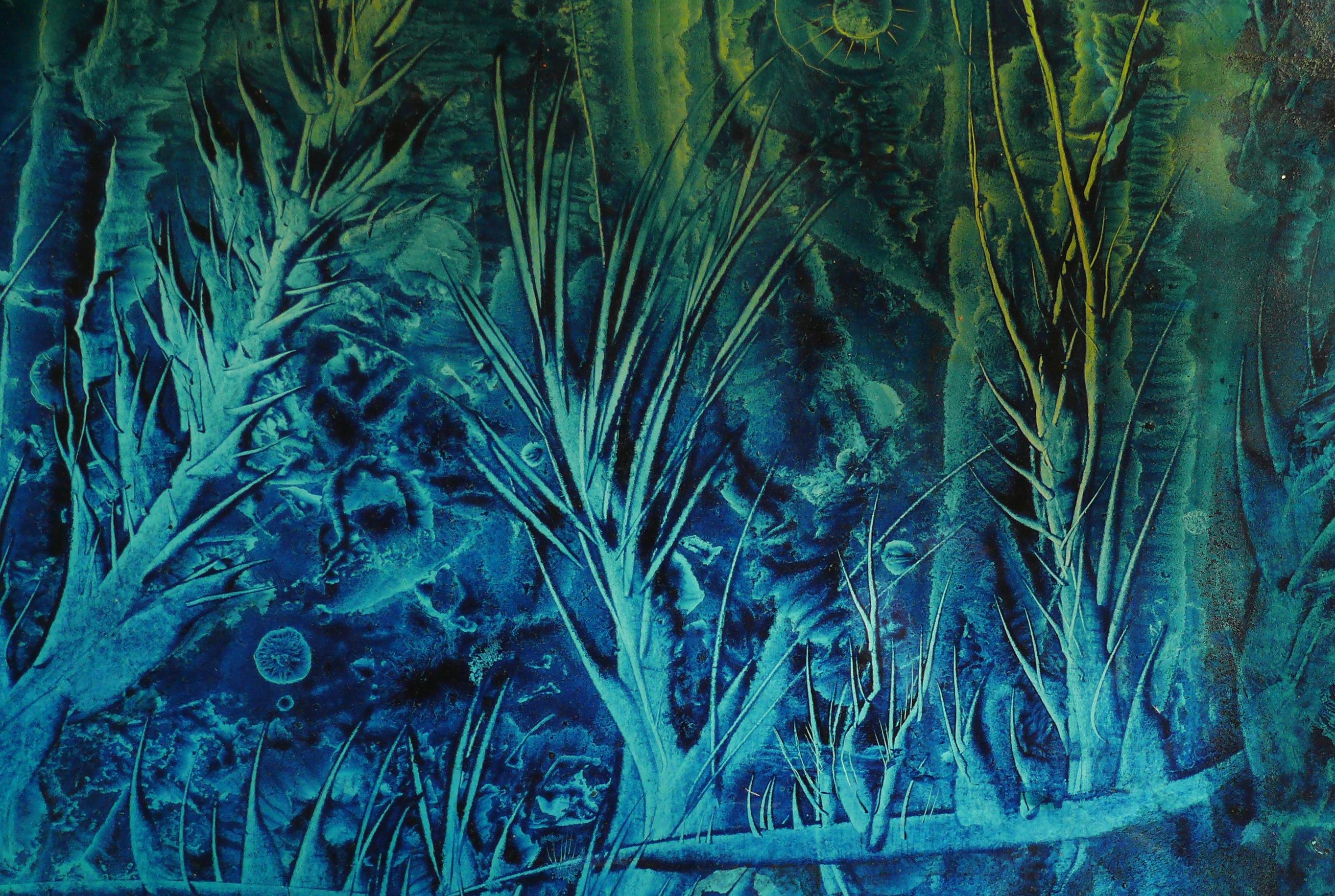 Série Under The Sea N 27. beda. Paysage fantaisie à l'huile bleu-vert sous l'eau - Bleu Landscape Painting par Ángel Luis Úbeda